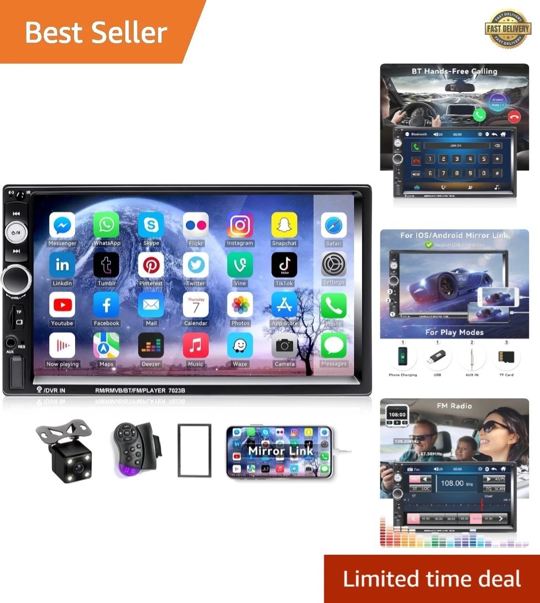 7″ Bluetooth Car Stereo MP5 Player with Touchscreen & Backup Camera Package