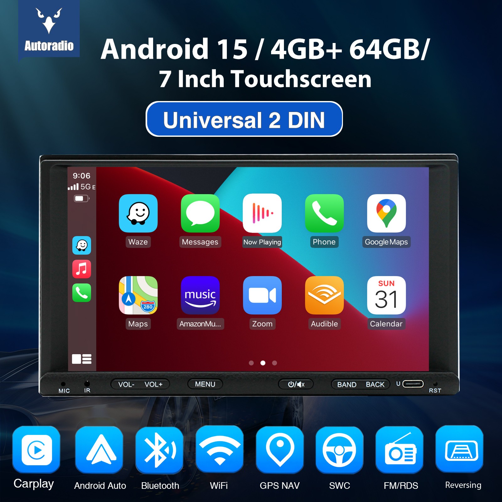 4+64GB Andriod 15 Double 2 DIN Car Stereo with GPS Nav Bluetooth SWC For Carplay