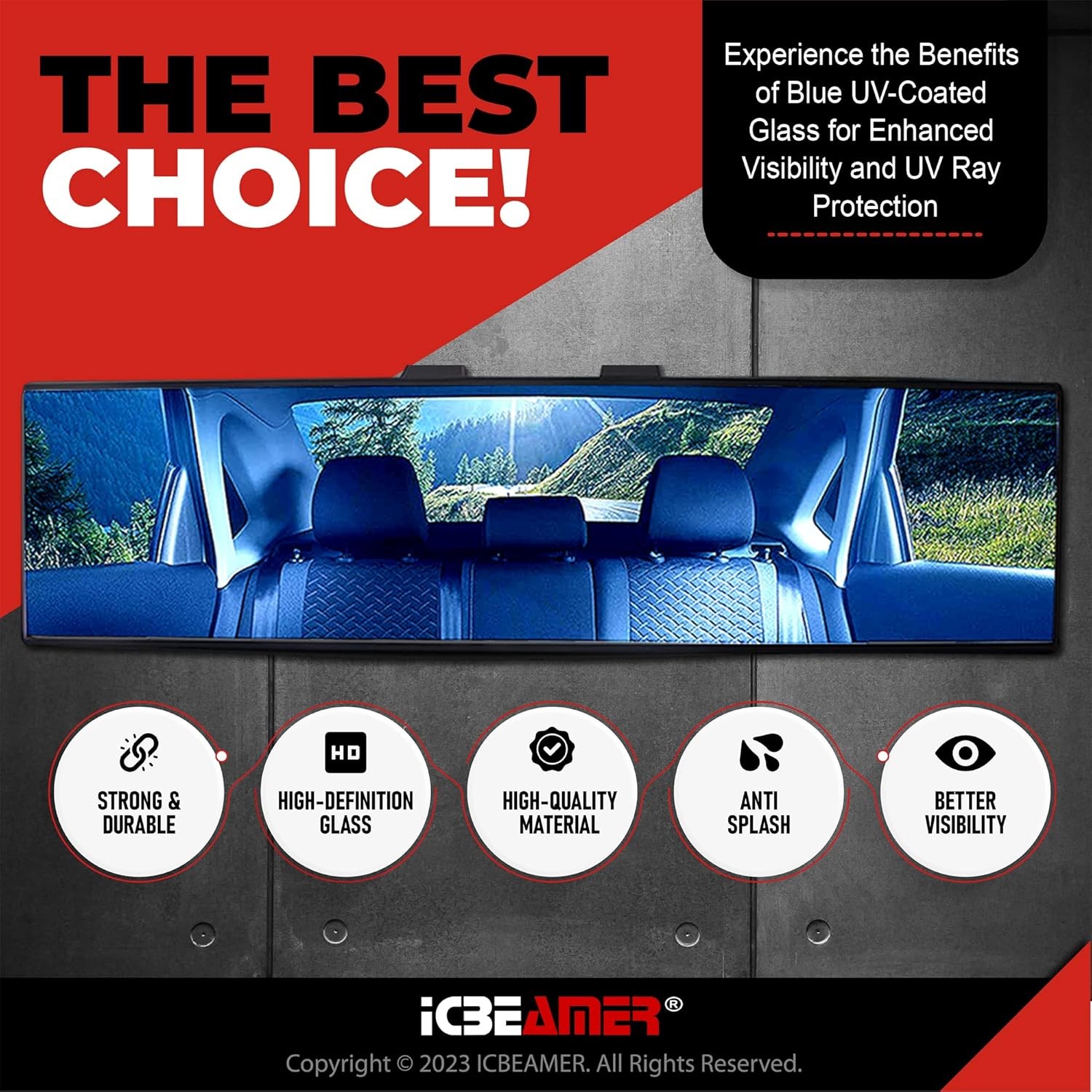 Universal 14.2″ Clip On Rear View Mirror, Flat Blue Tint Panoramic Wide Angle HD