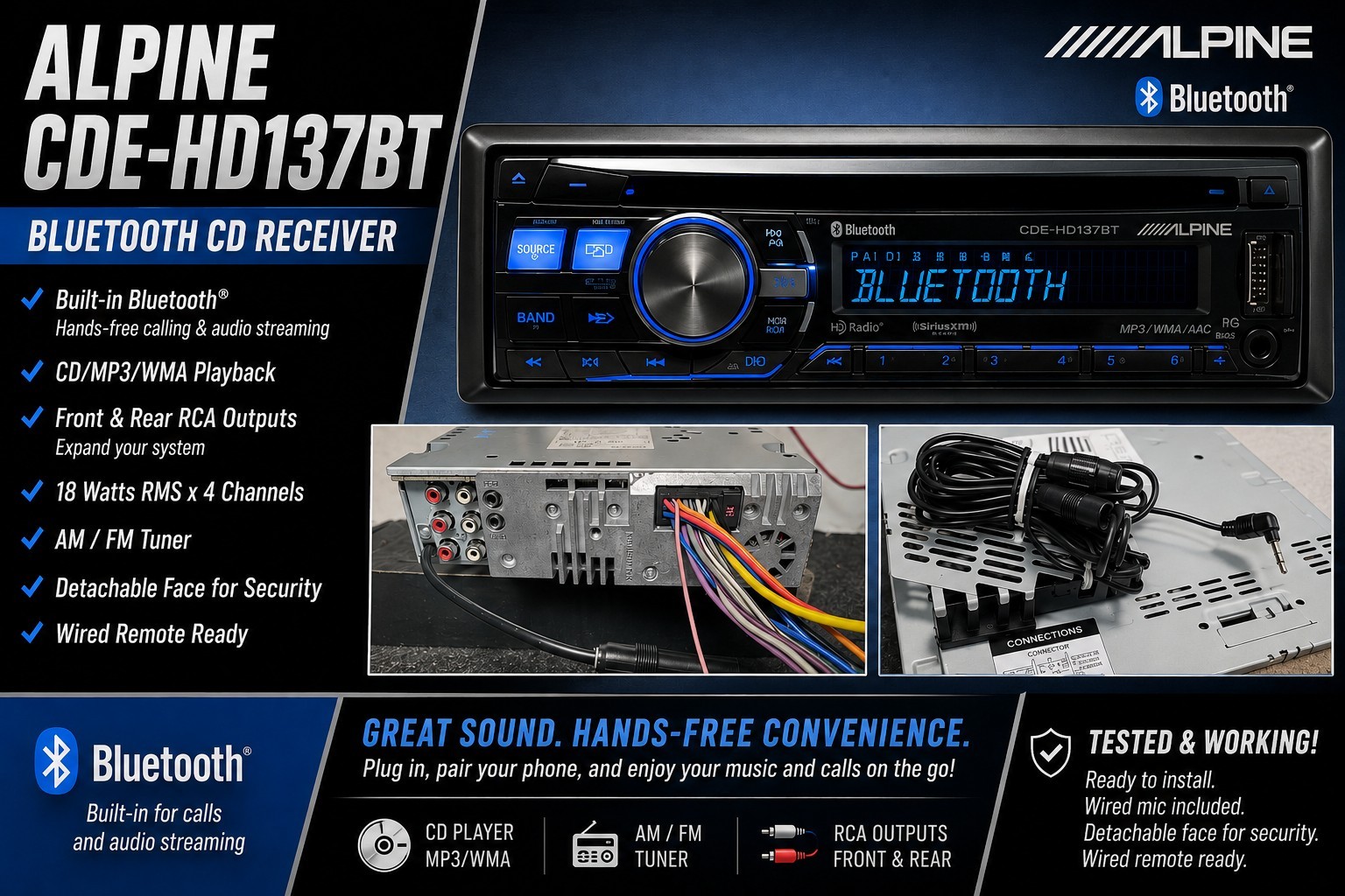Alpine CDE-HD137BT Bluetooth CD Receiver – Tested & Working