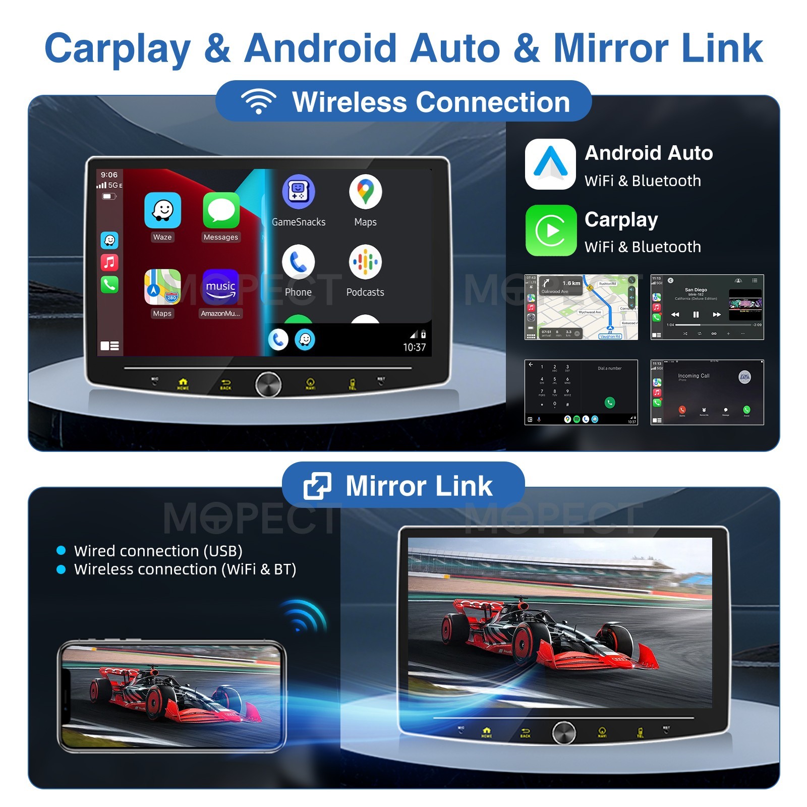 10.1″ Universal 4+64GB Car Stereo Radio 1Din Rotatable WiFi Carplay Touch Screen