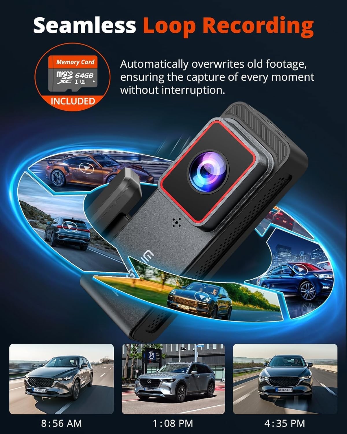 Kingslim 4K Dash Cam Front and Rear with 64GB SD Card, 5G WiFi Dash Camera for C
