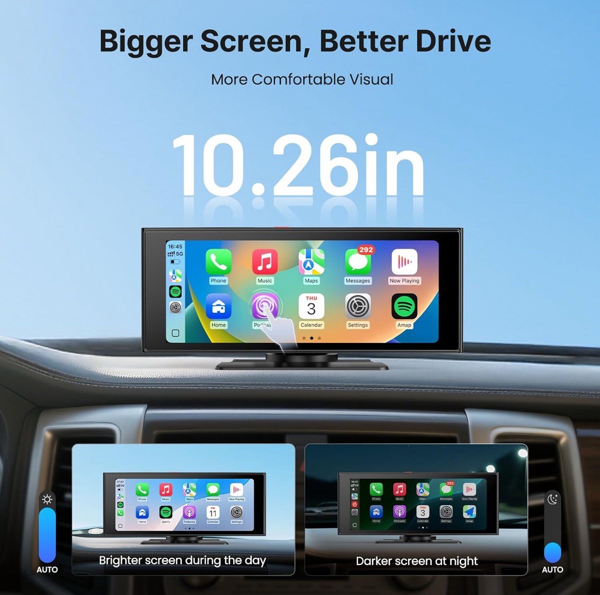 Wireless Car Play Screen, 10.26” Monitor with Apple Carplay & Android Auto