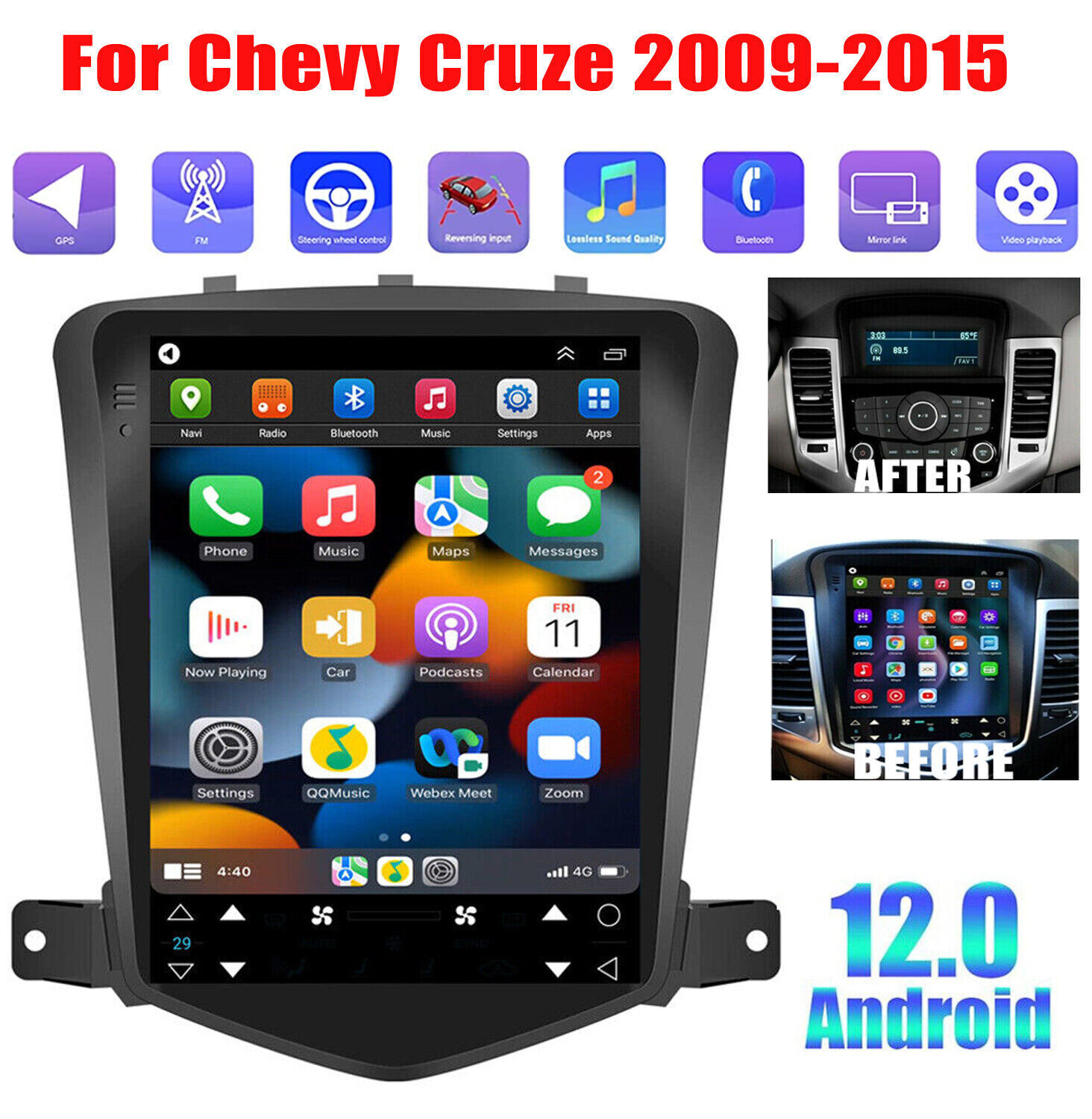 For Chevy Cruze 2011-2015 Car Apple Carplay Android 13 Radio GPS Stereo w/Cam