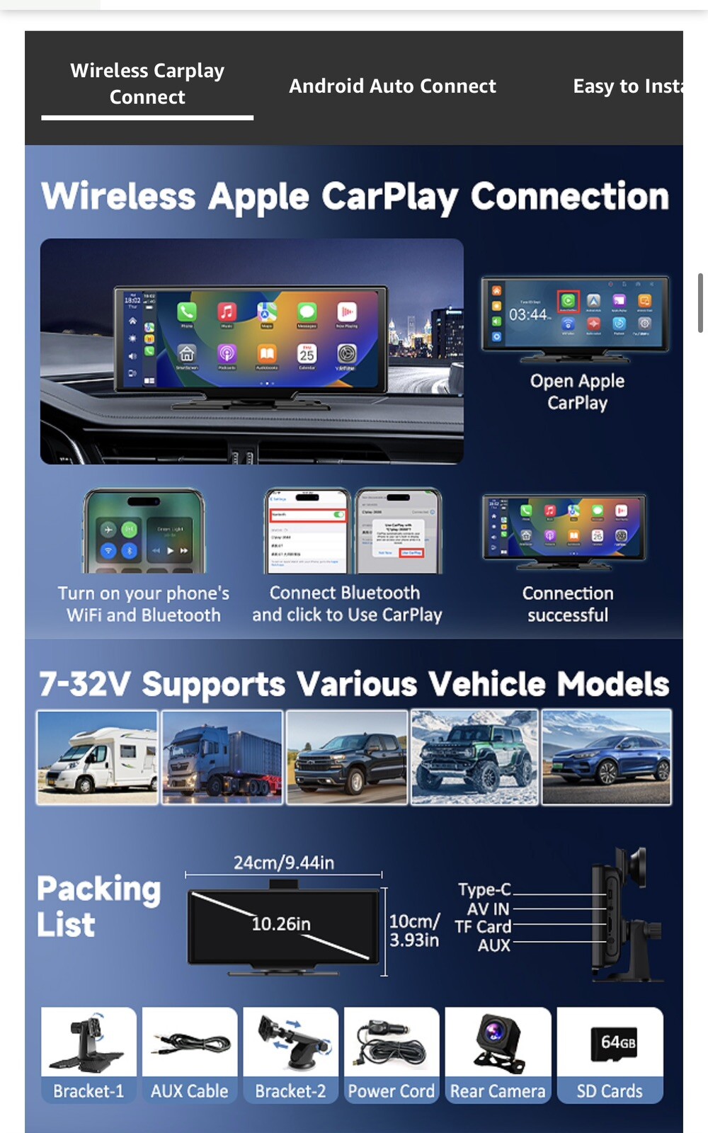 Wireless Portable Carplay Screen for Car, 10.26″ HD IPS Apple Carplay and And…