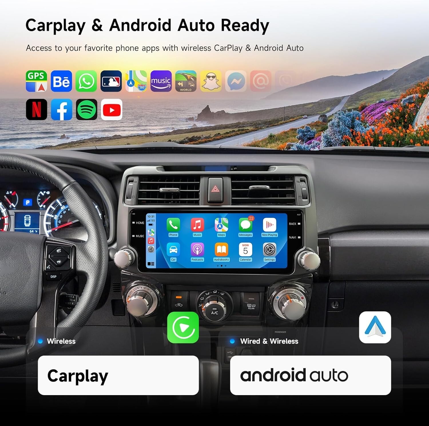 Dasaita 10.2″ Apple CarPlay Android 13 Car Radio for Toyota 4Runner 2010-2019 BT