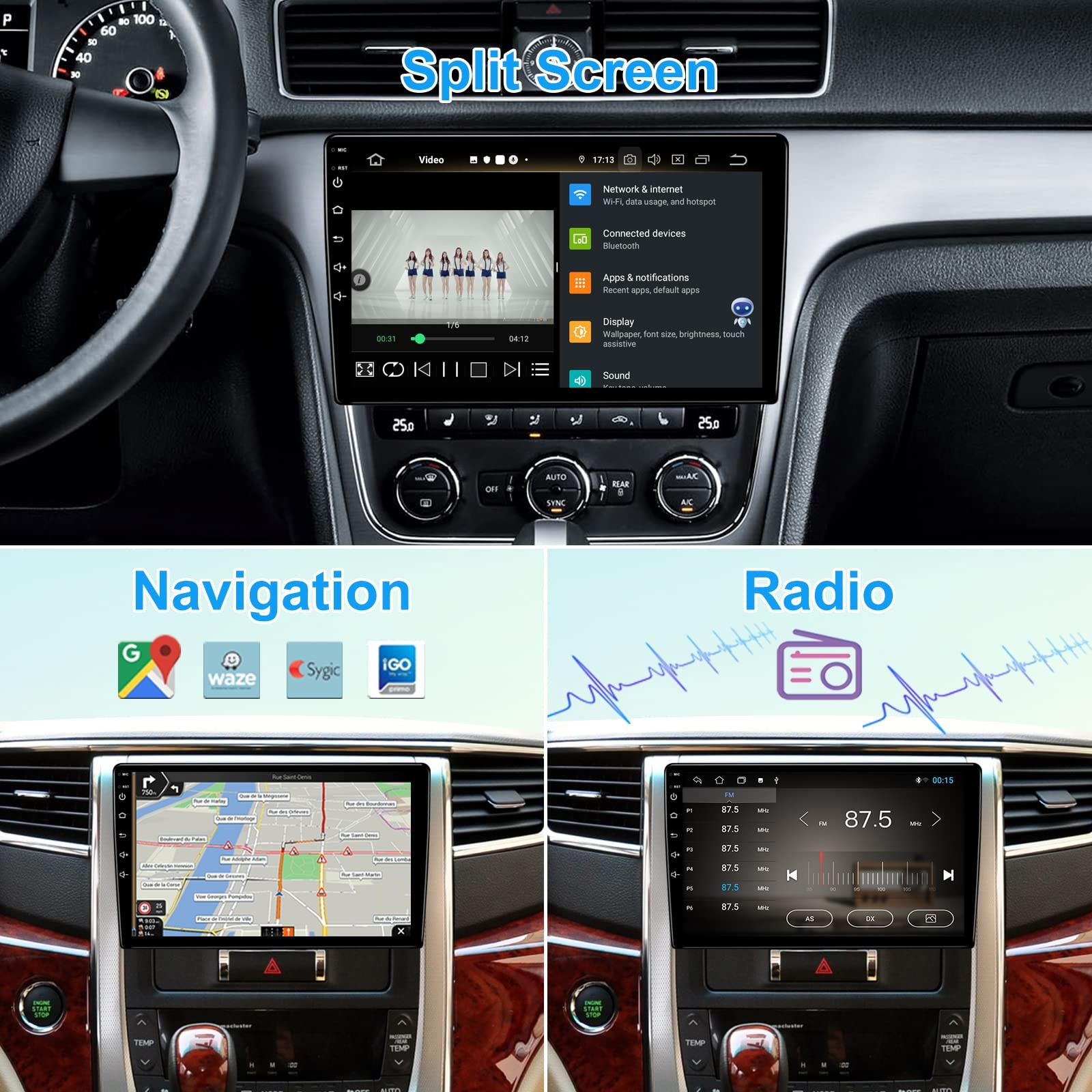 Kspiv 9 Inch Touch Screen Android 13 Car Stereo Universal Double Din Car Radio