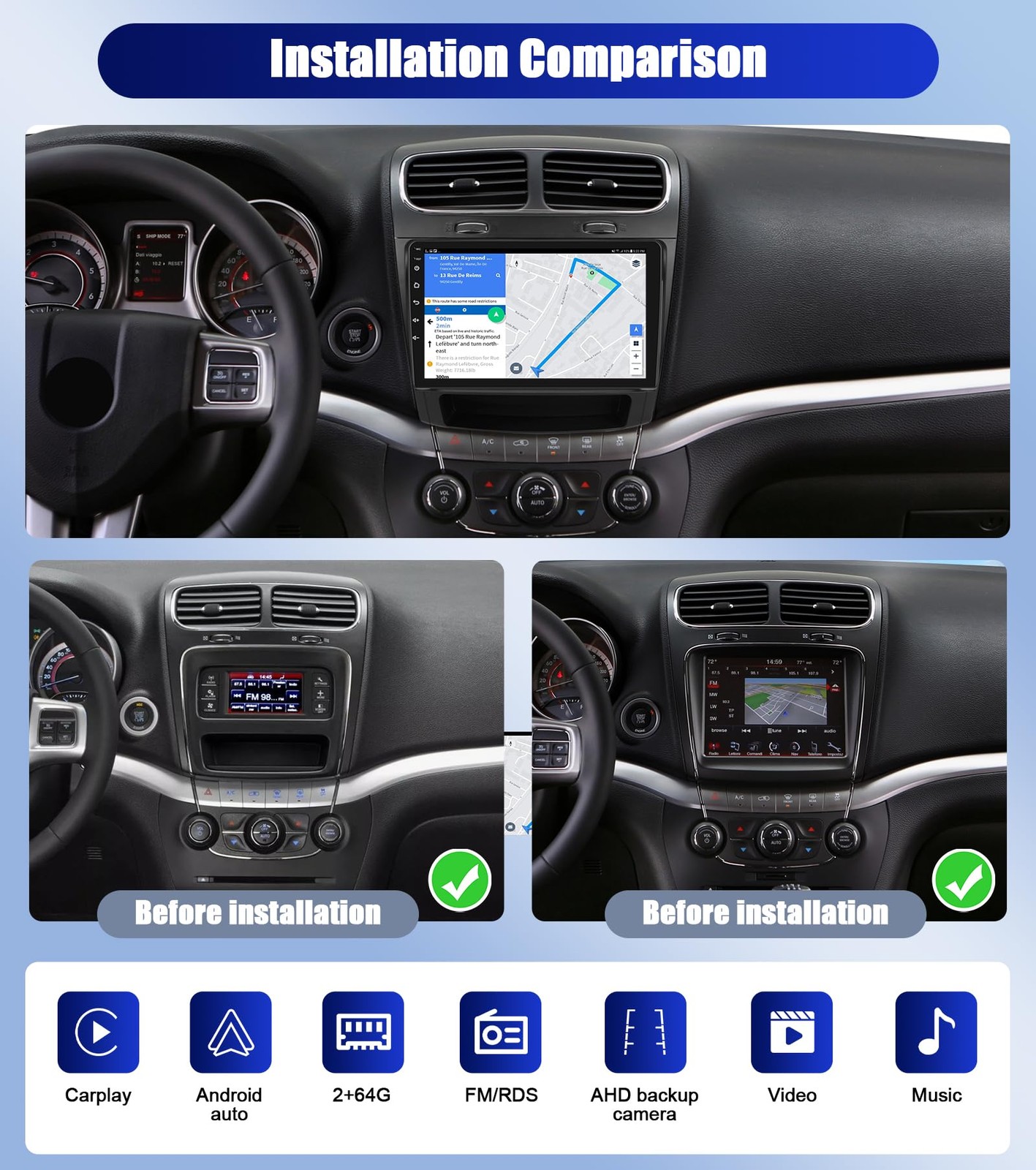64G For 2012-2019 Dodge Journey Car Stereo Radio Navi Carplay GPS AUTO 1280*800