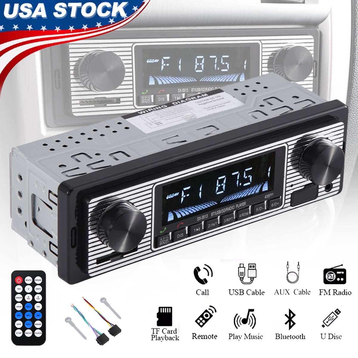 Car FM Radio MP3 Player Bluetooth Vintage USB Classic Stereo Audio Receiver AUX