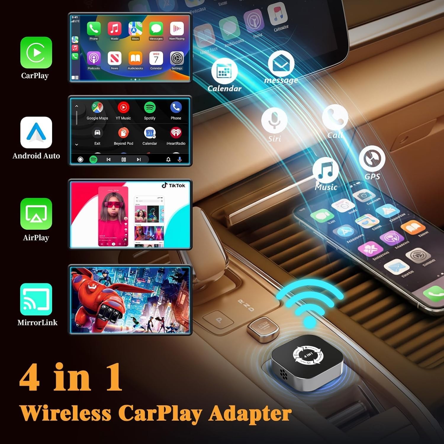 4 in 1 Screen Mirroring Wireless CarPlay Adapte, 2026 Upgraded Wired to Wireless