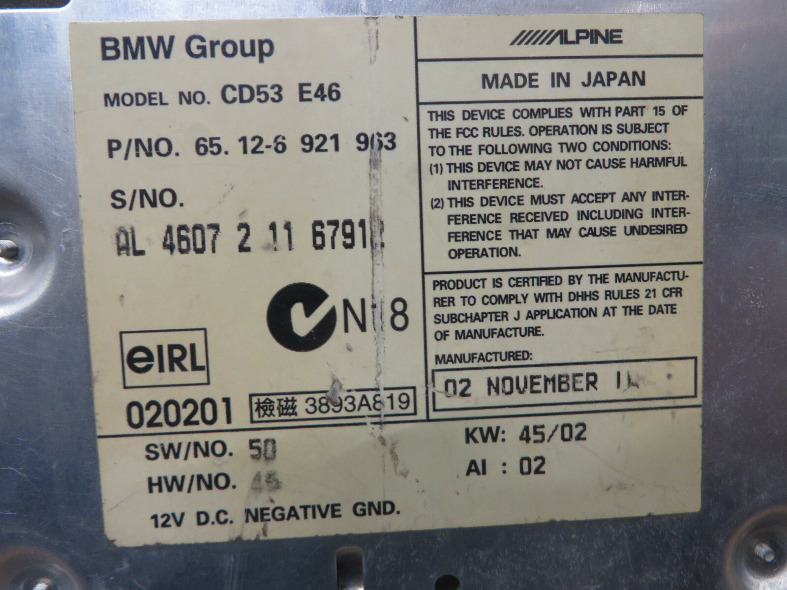 BMW e46 M3 3 SERIES RADIO AUDIO AM FM CD FACTORY DASH UNIT OEM # 65126921963