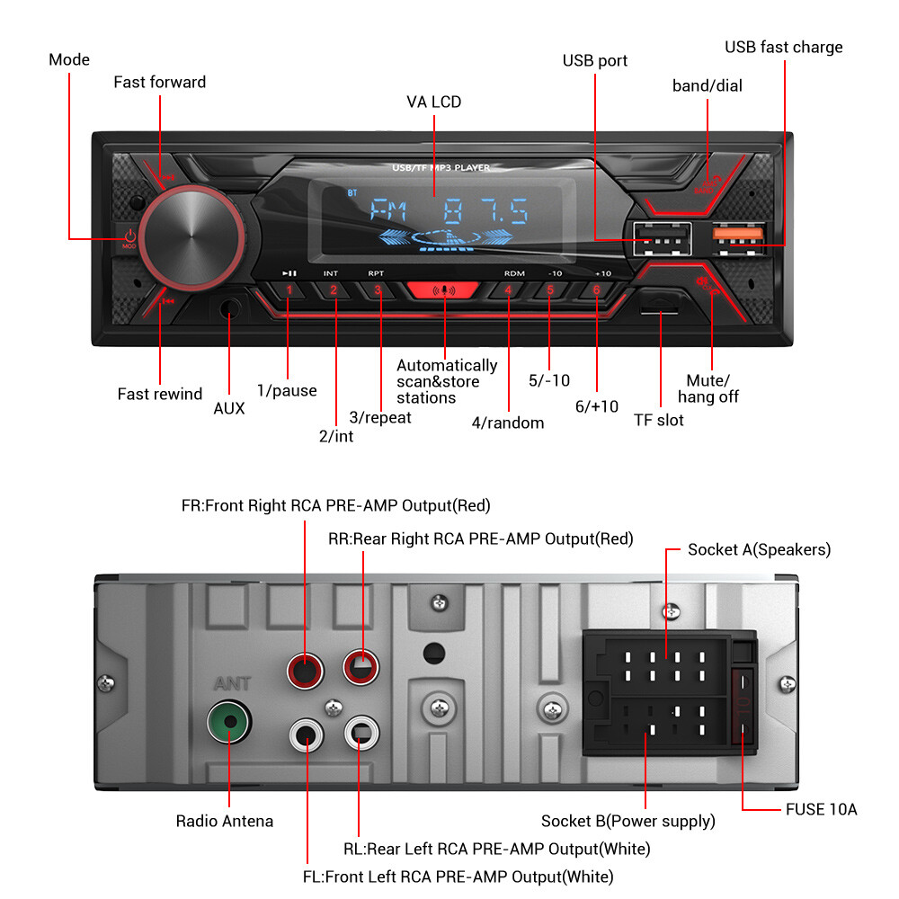 7 Lighting Colors Car Radio Single Din Bluetooth FM Audio USB AUX TF MP3 Player