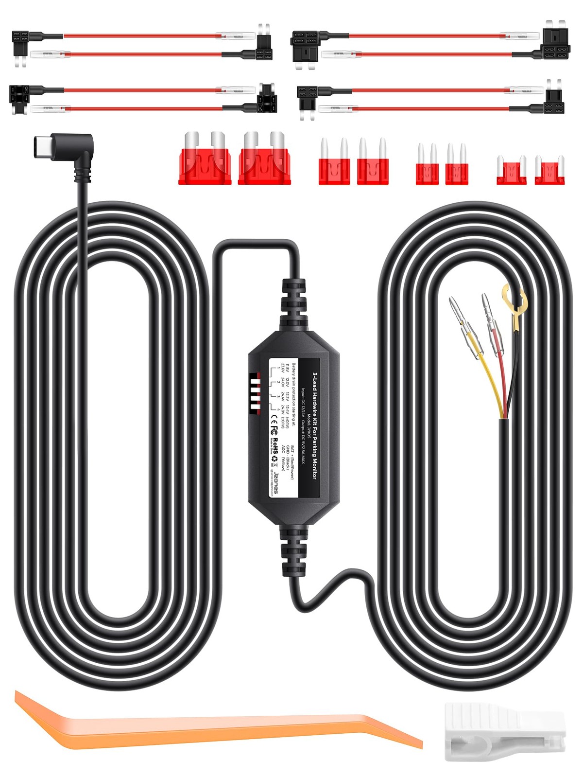 Fiteye Dash Cam Hardwire Kit, 11.5ft Type C USB Port Converts 12V-24V to 5V, Das