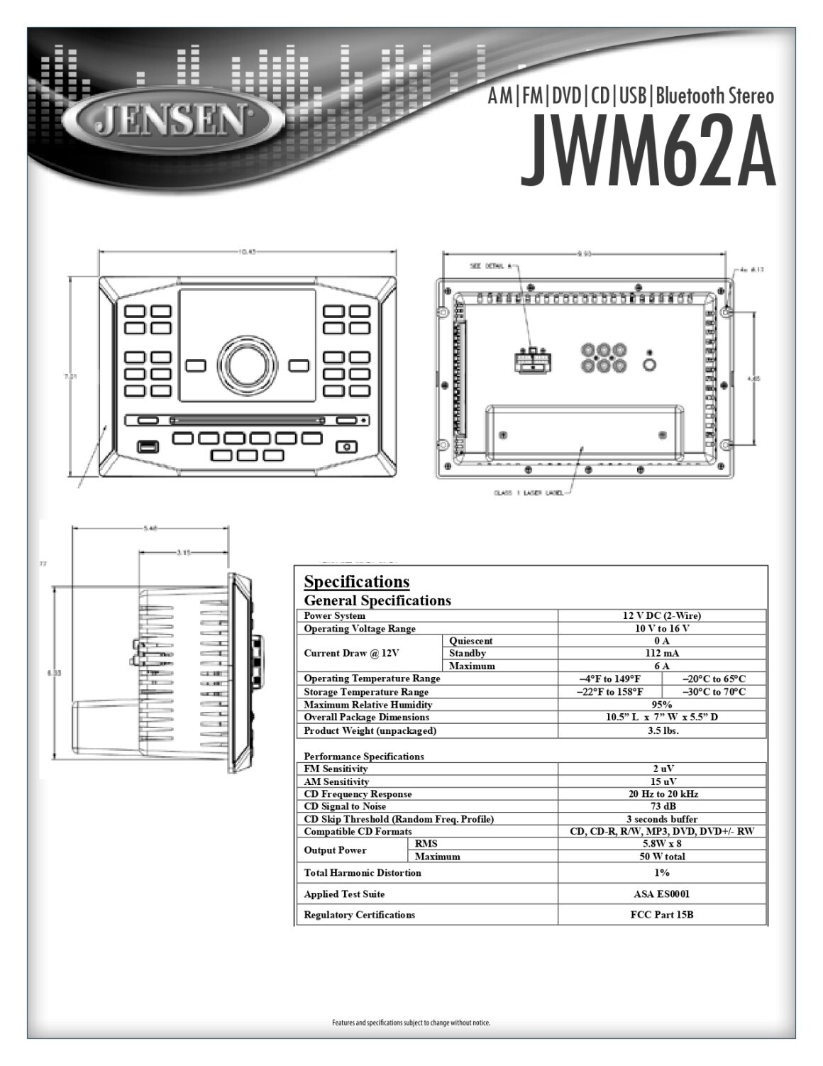 Jensen JWM62A AM/FM/DVD/CD/USB Bluetooth Stereo with App Control