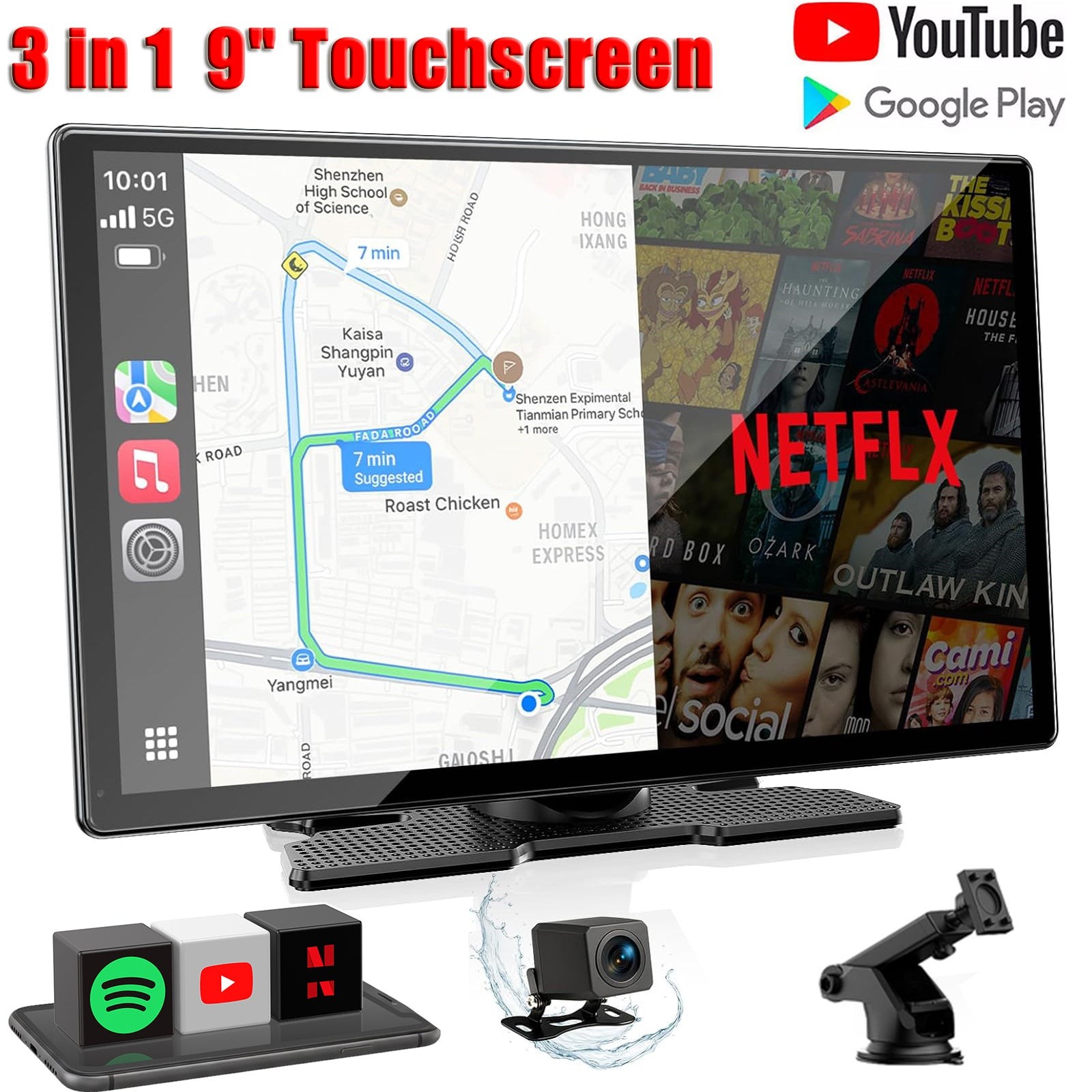 3 in1 9″ Car Wireless CarPlay&Android Auto w/Apps Youtube Net-Flix+Rear Camera