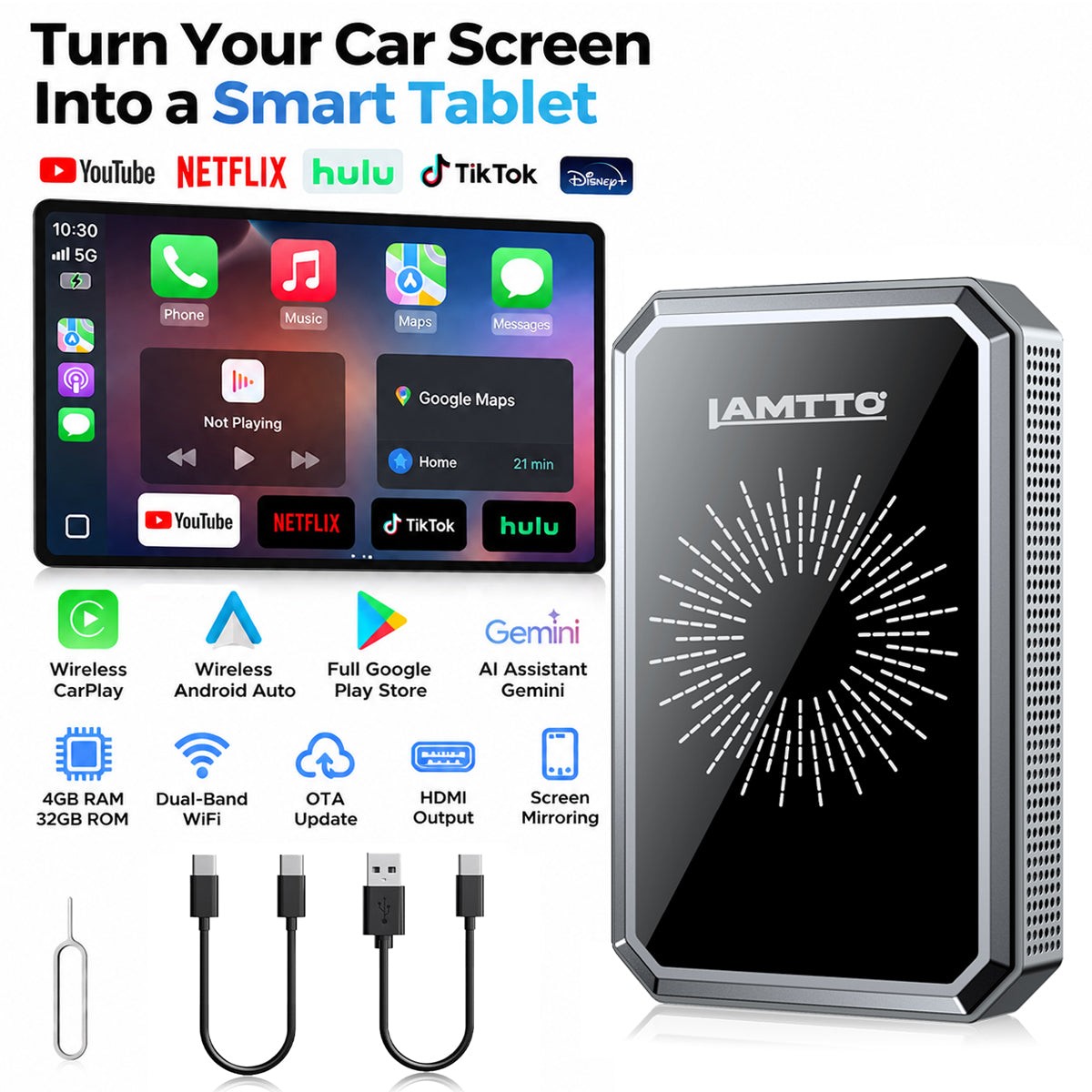 LAMTTO Wireless CarPlay Adapter Car AI Console, with Gemini AI & Google Play