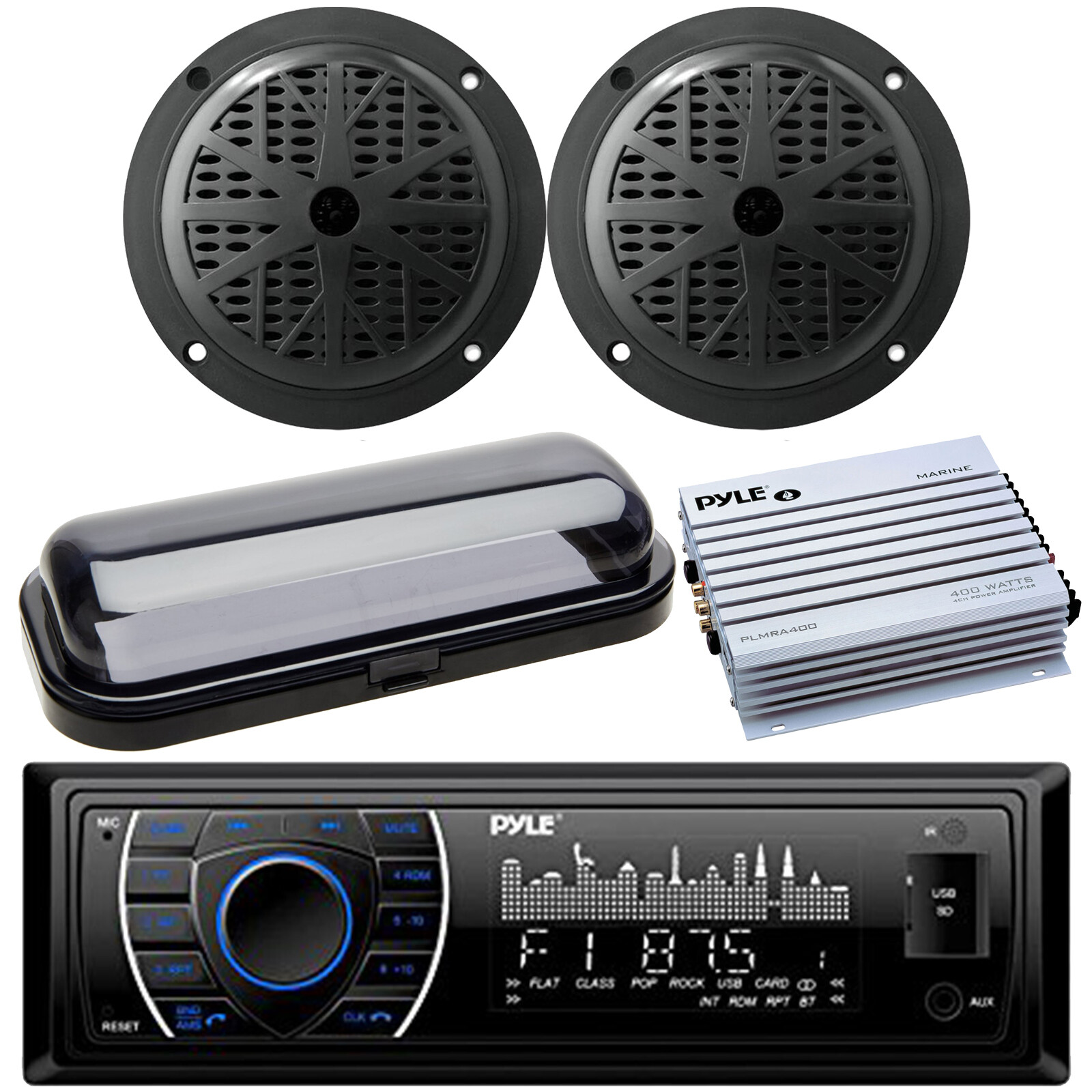 Pyle PLRMR27BTB Marine USB Bluetooth Radio, 2x 4″ Dual Cone Speakers, Amp, Cover