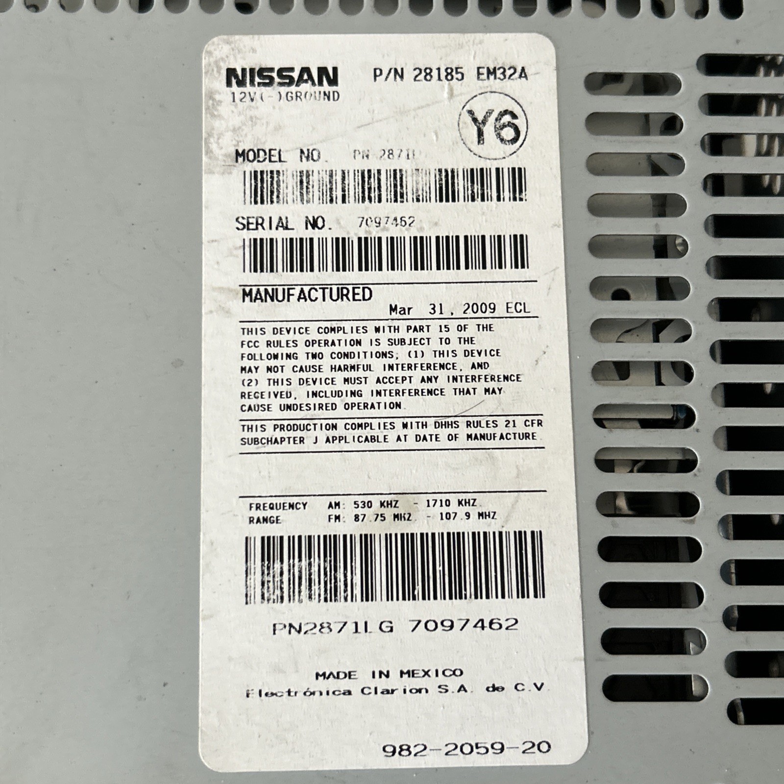 2007-2012 Nissan Versa OEM AM/FM CD PLAYER/STEREO PN 28185 EM32A – Model PN2871L