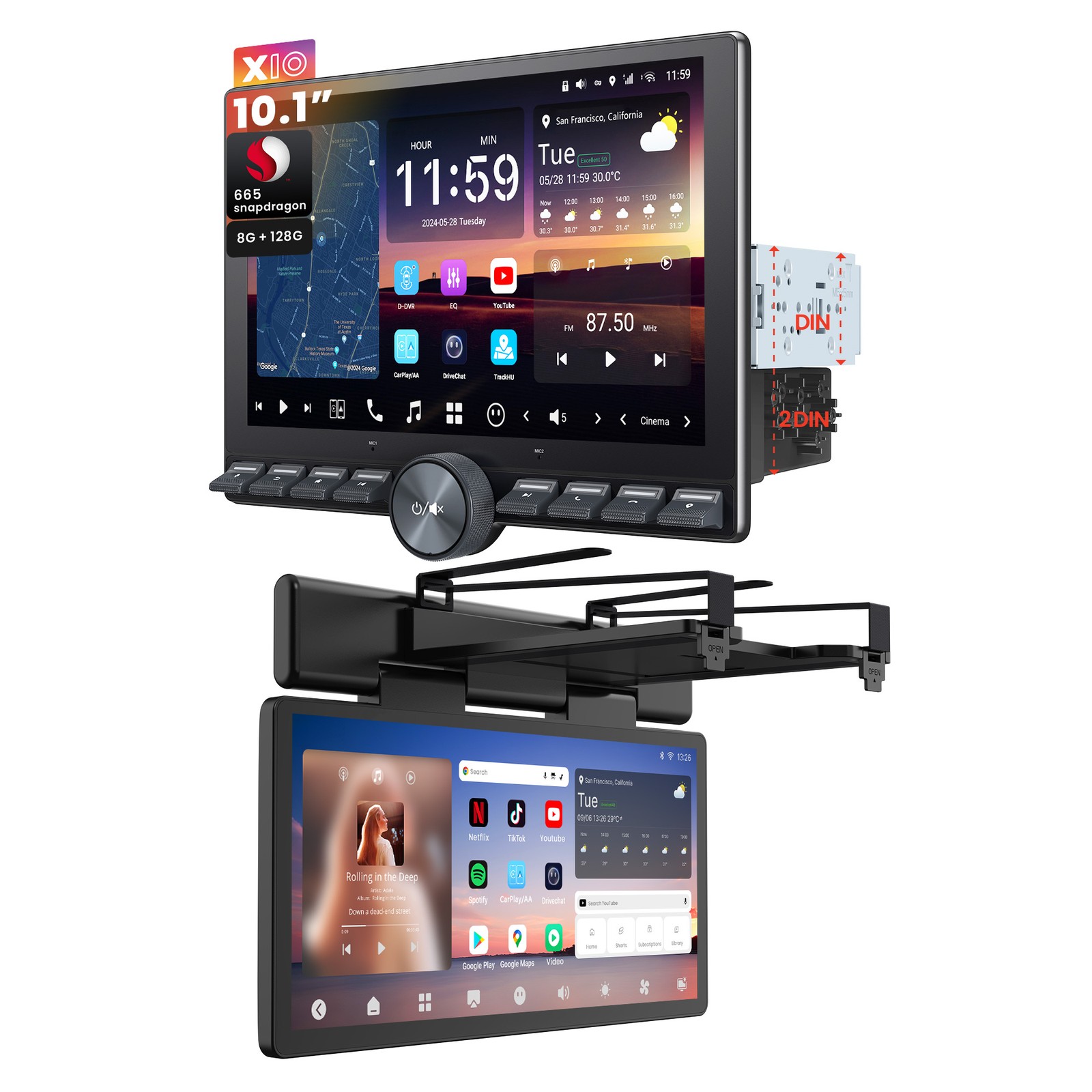 X10 10.1 inch Knob 1 & DIN Car Stereo Passenger Entertainment Screen, AI Vision