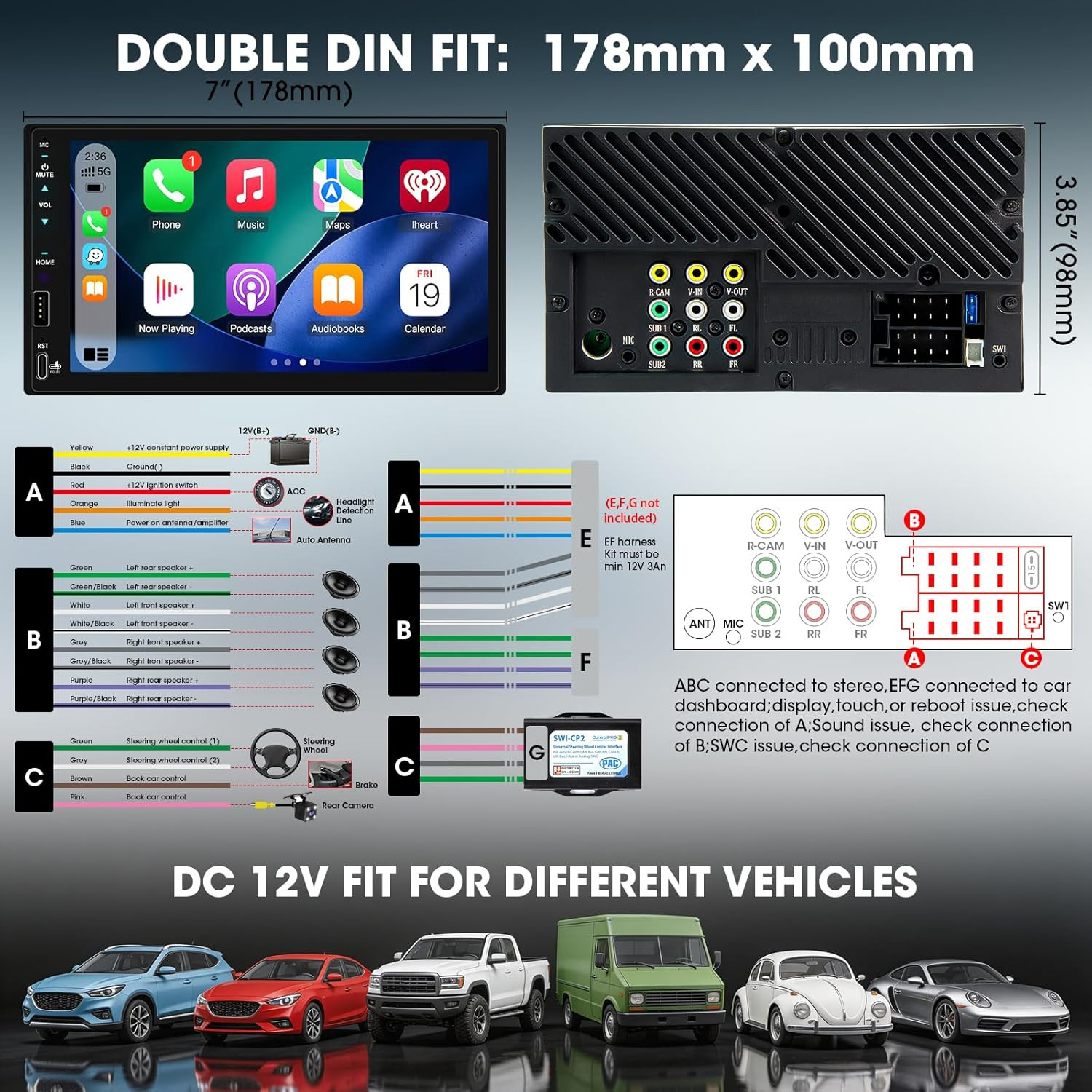 Double Din Carplay Stereo Receiver: 7 Inch Wireless Android Auto Car Radio – Inc