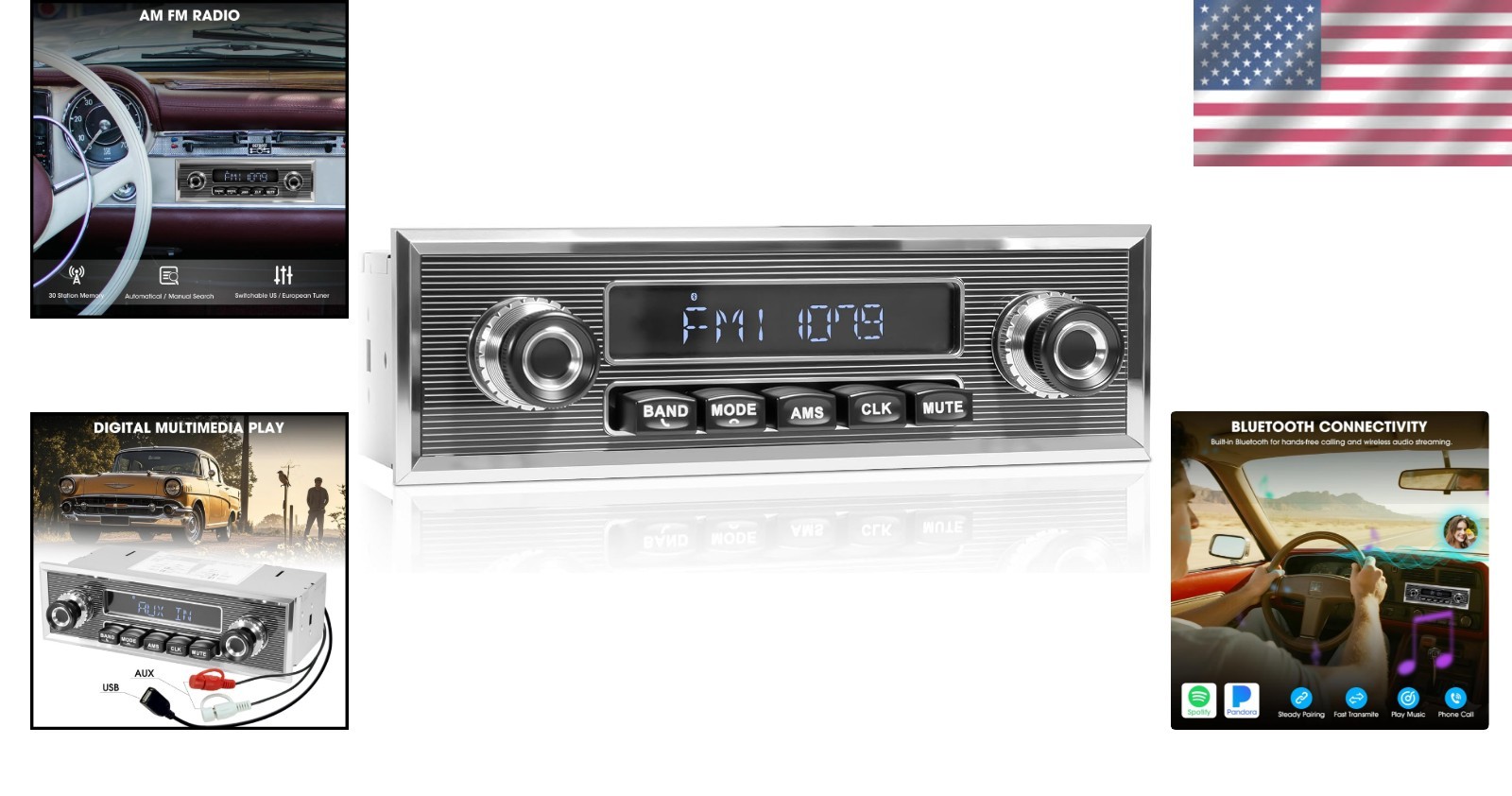 Vintage Bluetooth Car Radio with Subwoofer Output