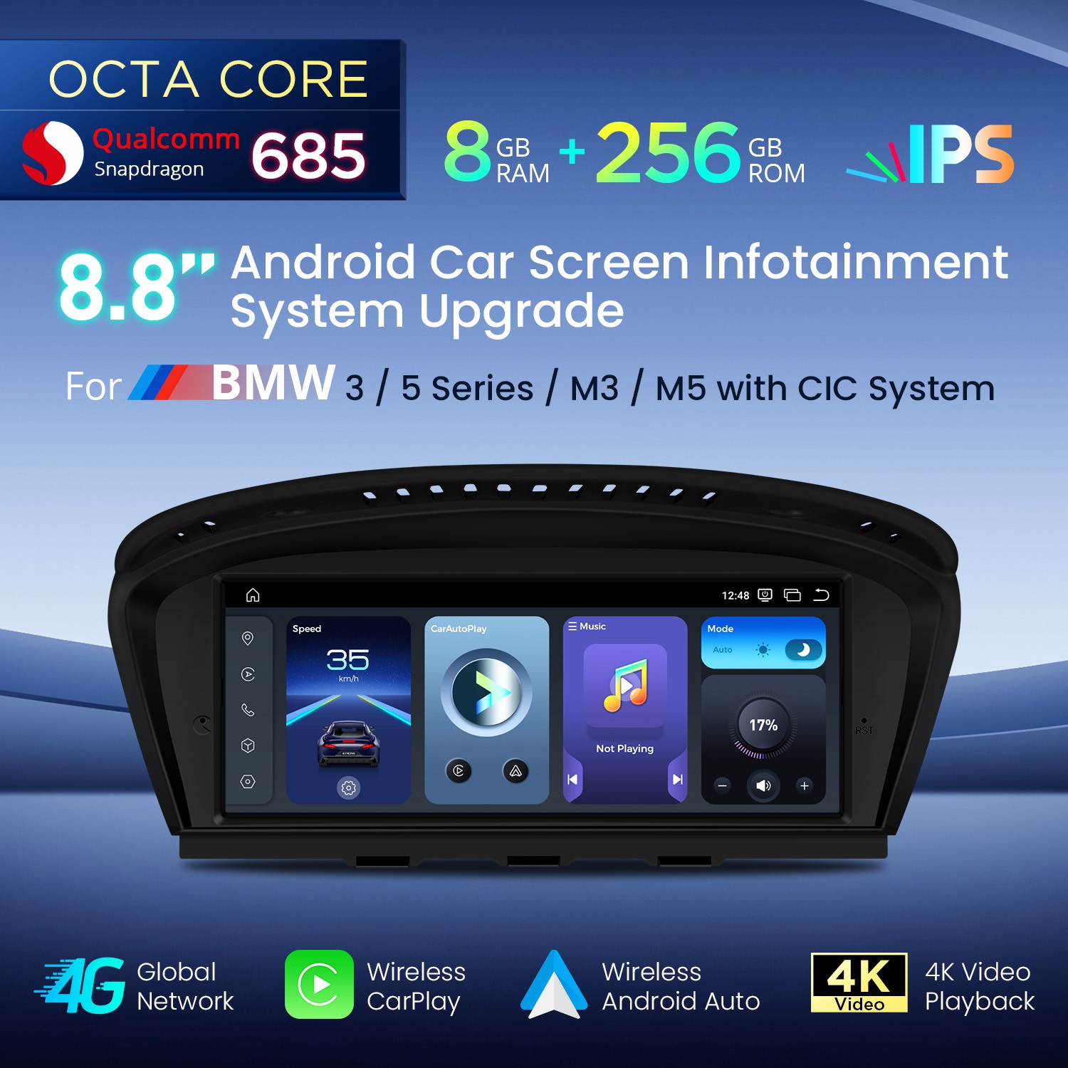 Android 14 8.8″ For BMW 3 5er E90 E60 CIC CarPlay Car Screen Upgrade GPS 8+256G
