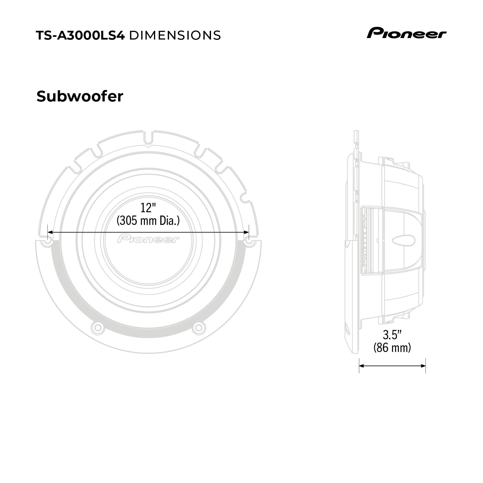 PIONEER A-Series TS-A3000LS4 12” Subwoofer – 1500W Max, Shallow-Mount Design, De