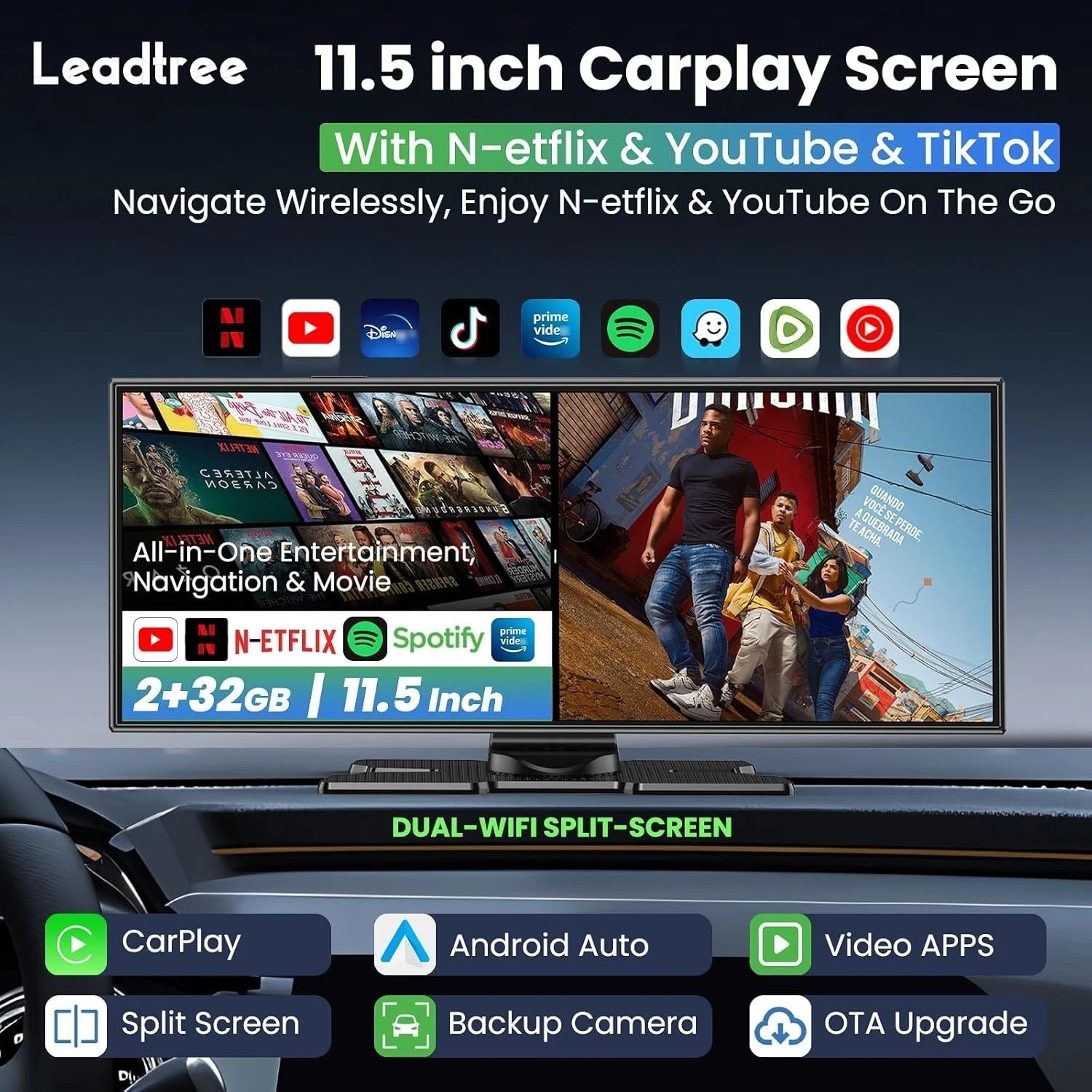 Largest 11.5 inch Wireless CarPlay Screen for Car,Built-in N-etflix/YouTube