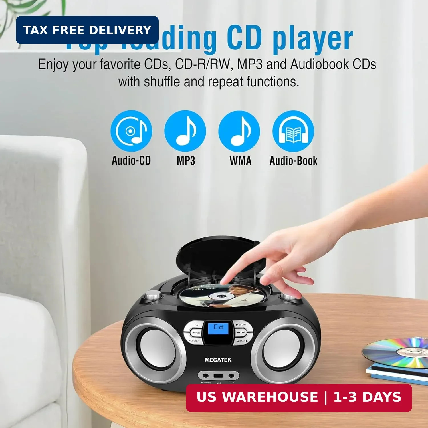 MEGATEK Portable CD Player Boombox with FM Radio, Bluetooth, USB Port, AUX Input