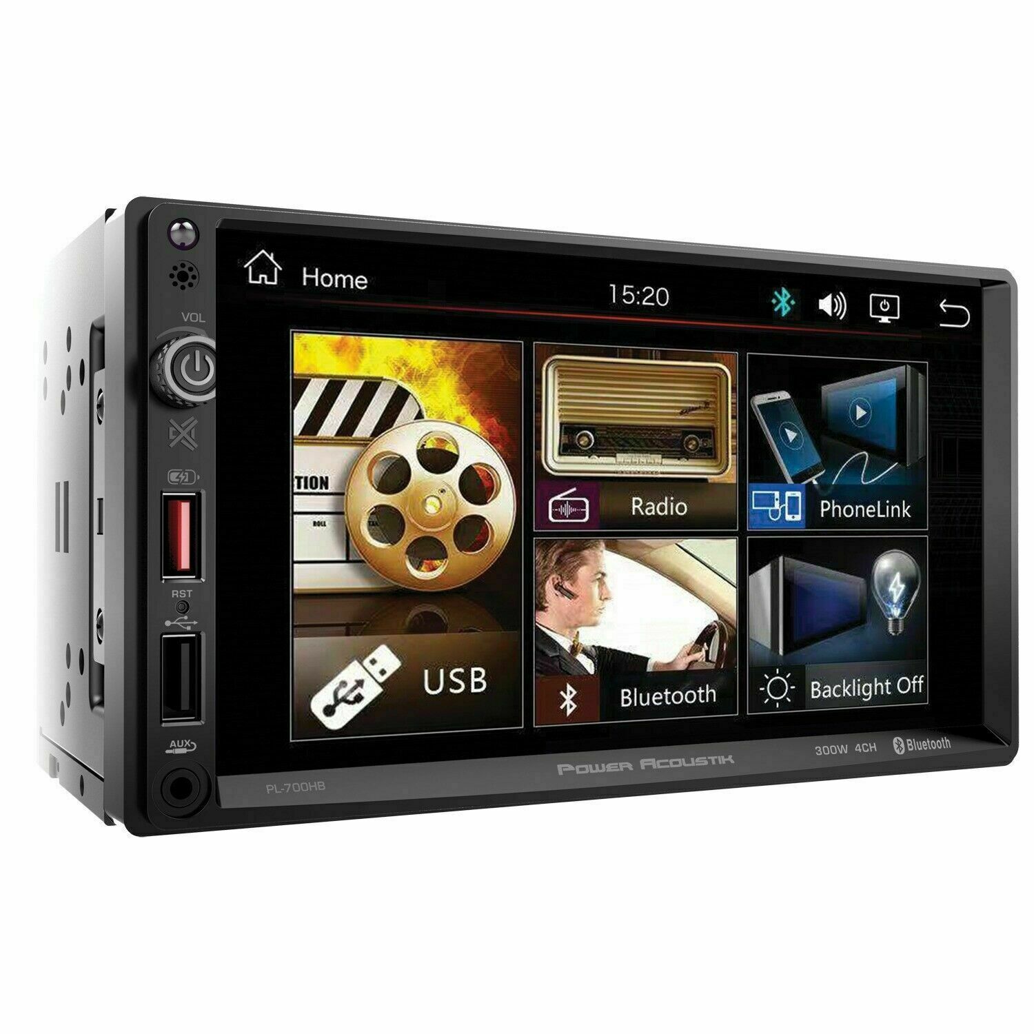 Power Acoustik PL-700HB 2 DIN AUX/USB Media Player Bluetooth Android Phone Link