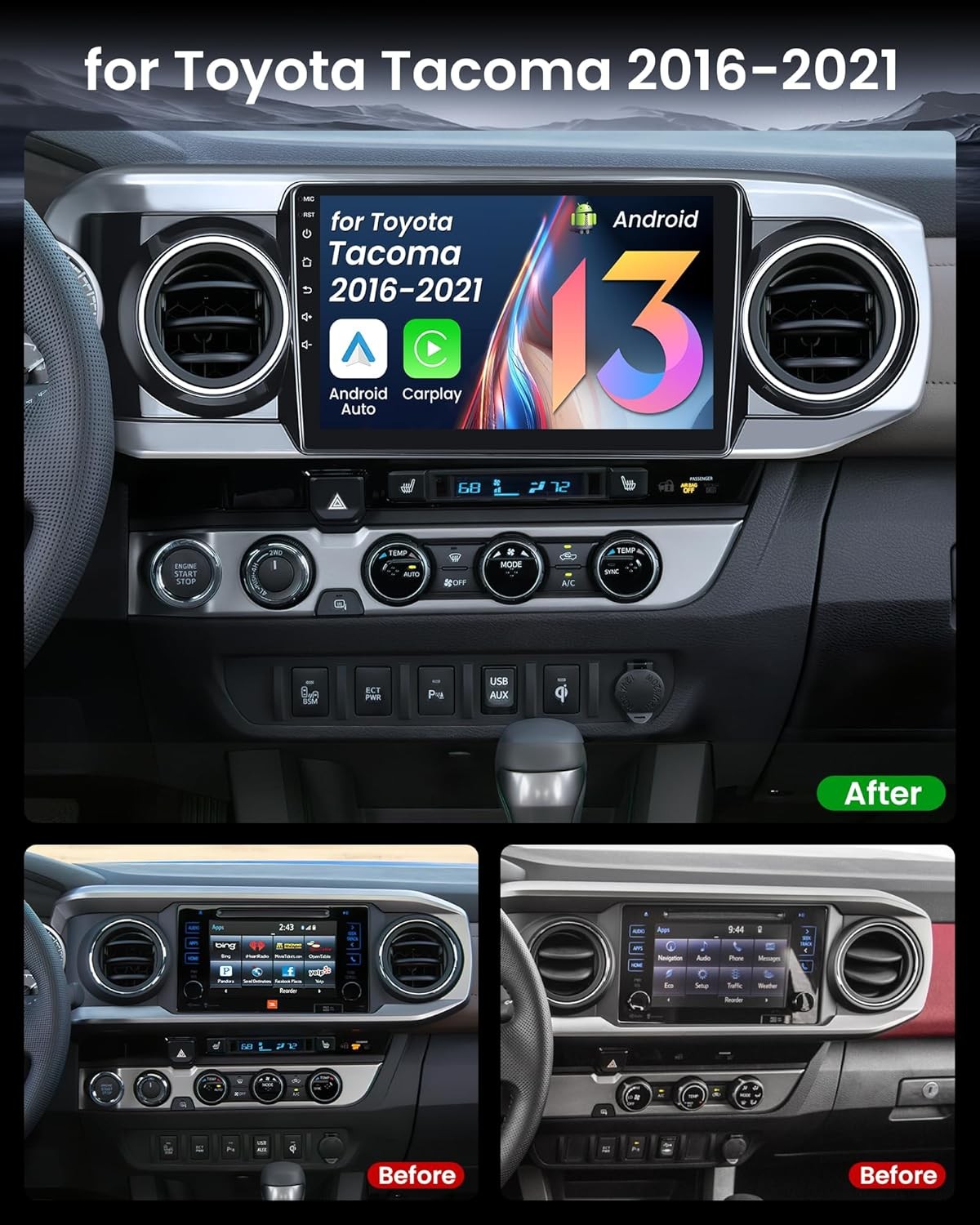 Android 13 Apple CarPlay Car Radio GPS Nav BT Stereo For Toyota Tacoma 2016-2023
