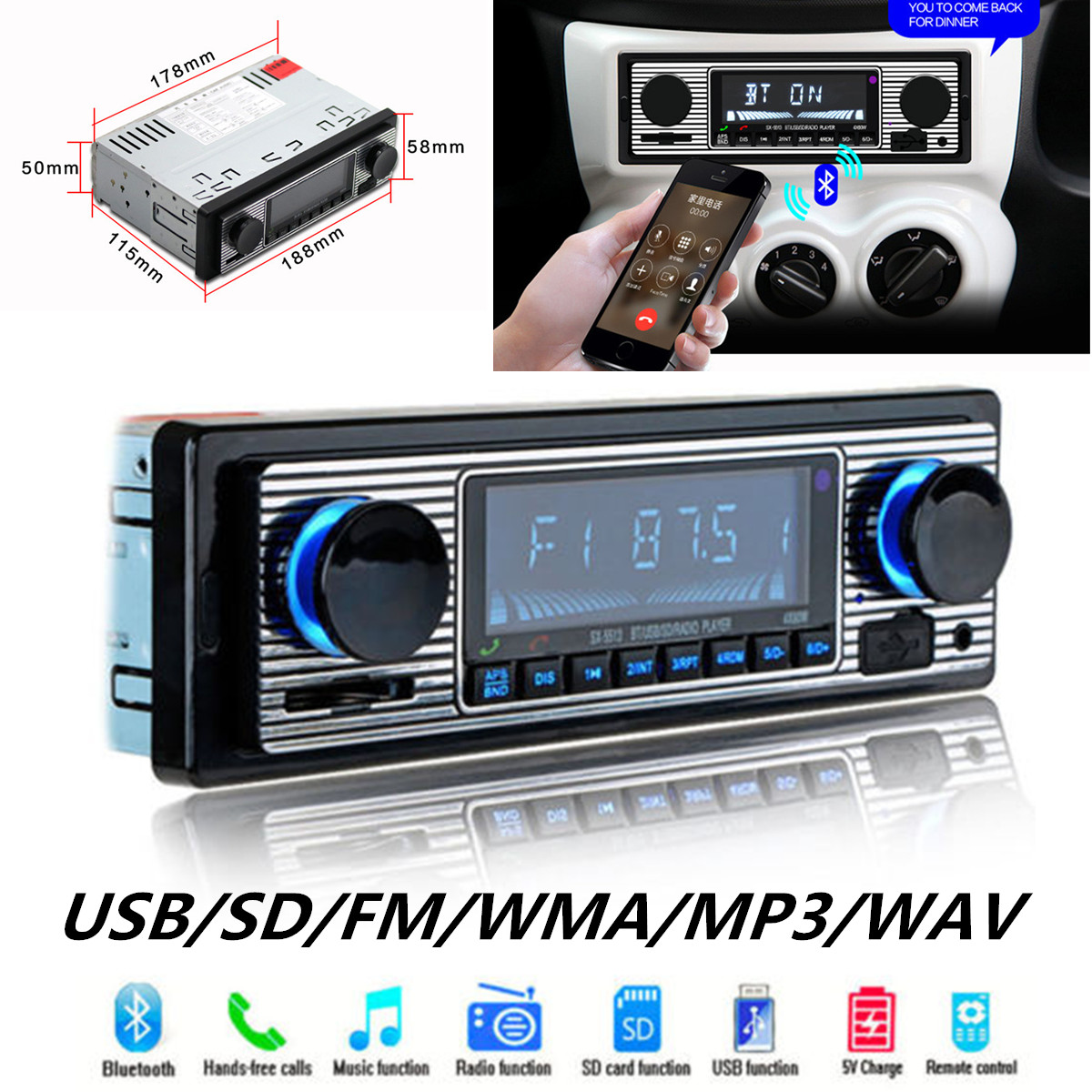 Bluetooth Car FM Retro Radio MP3 Player Stereo USB AUX SD Audio In-Dash Remote