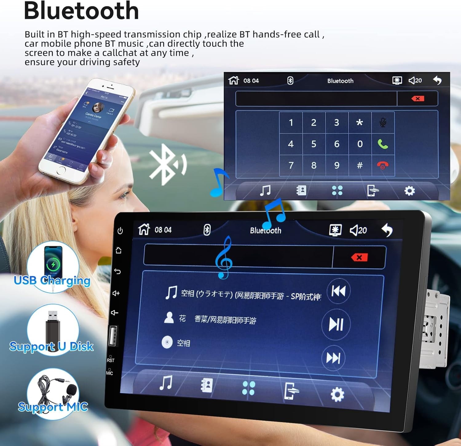 Podofo 9 in Single Din Car Stereo with Wired CarPlay, Android Auto, Mirror Link,
