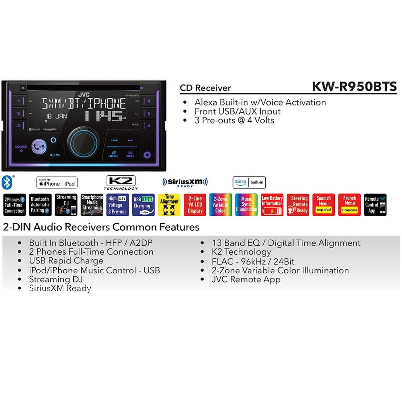 JVC KW-R940BTS Double DIN Bluetooth USB AUX AM/FM Radio CD Player Car Receiver