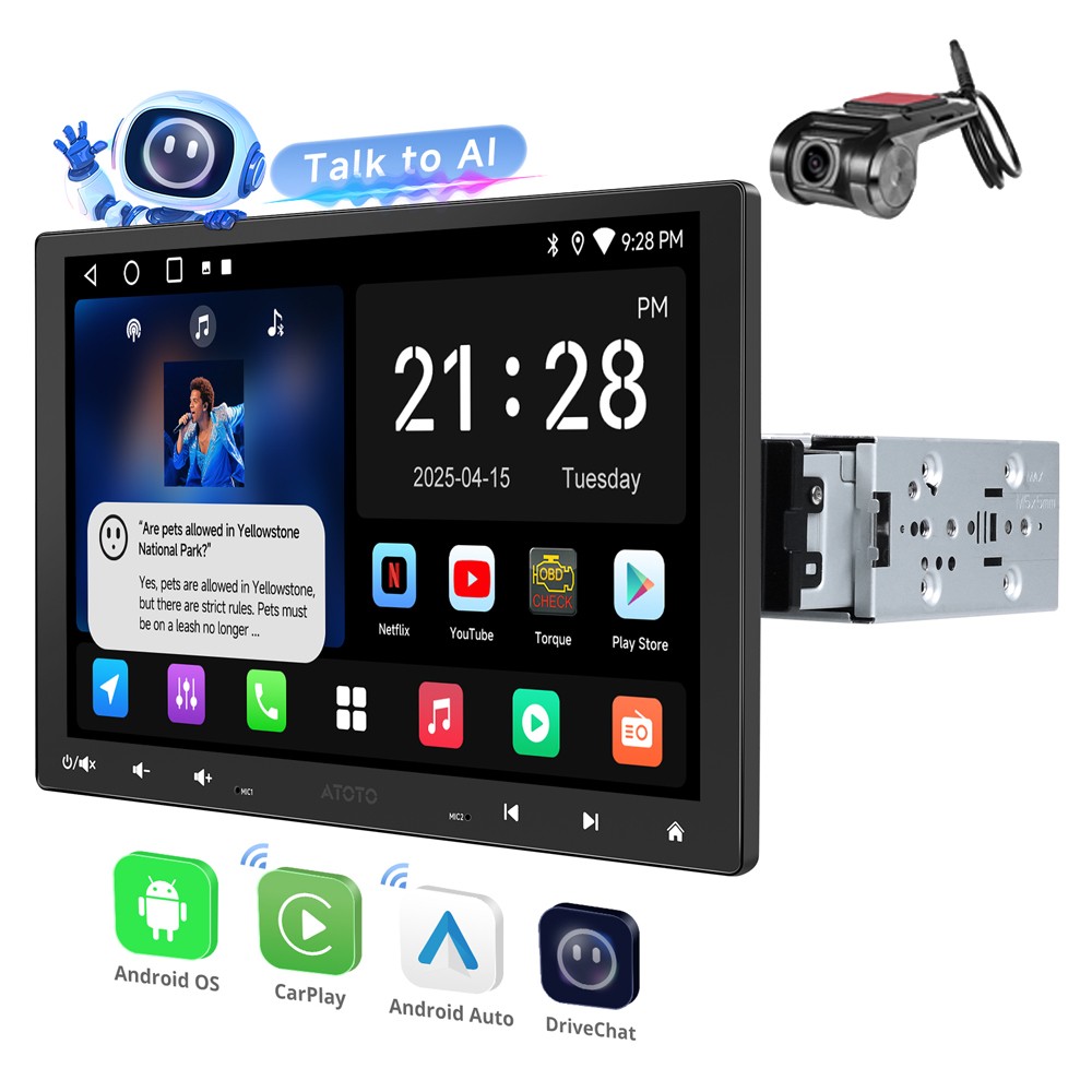ATOTO 10.1″ 2G+32G Floating 1 DIN Car Stereo Wireless CarPlay 4G GPS DVR Camera