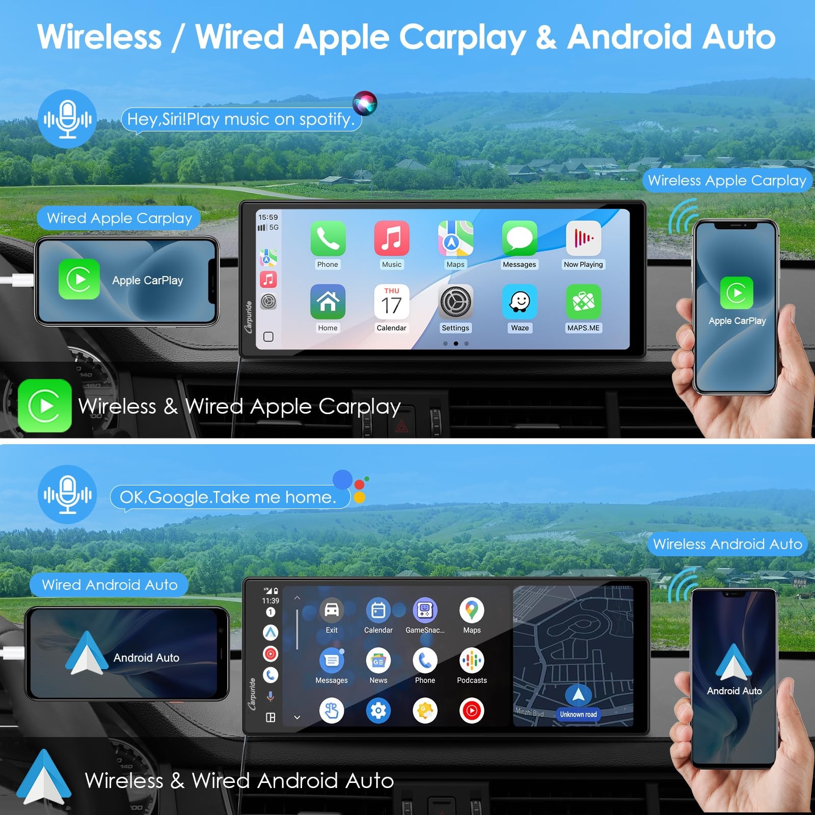 CARPURIDE 10.26 Inch Wireless/Wired Apple CarPlay, Android Auto and Mirror Li…