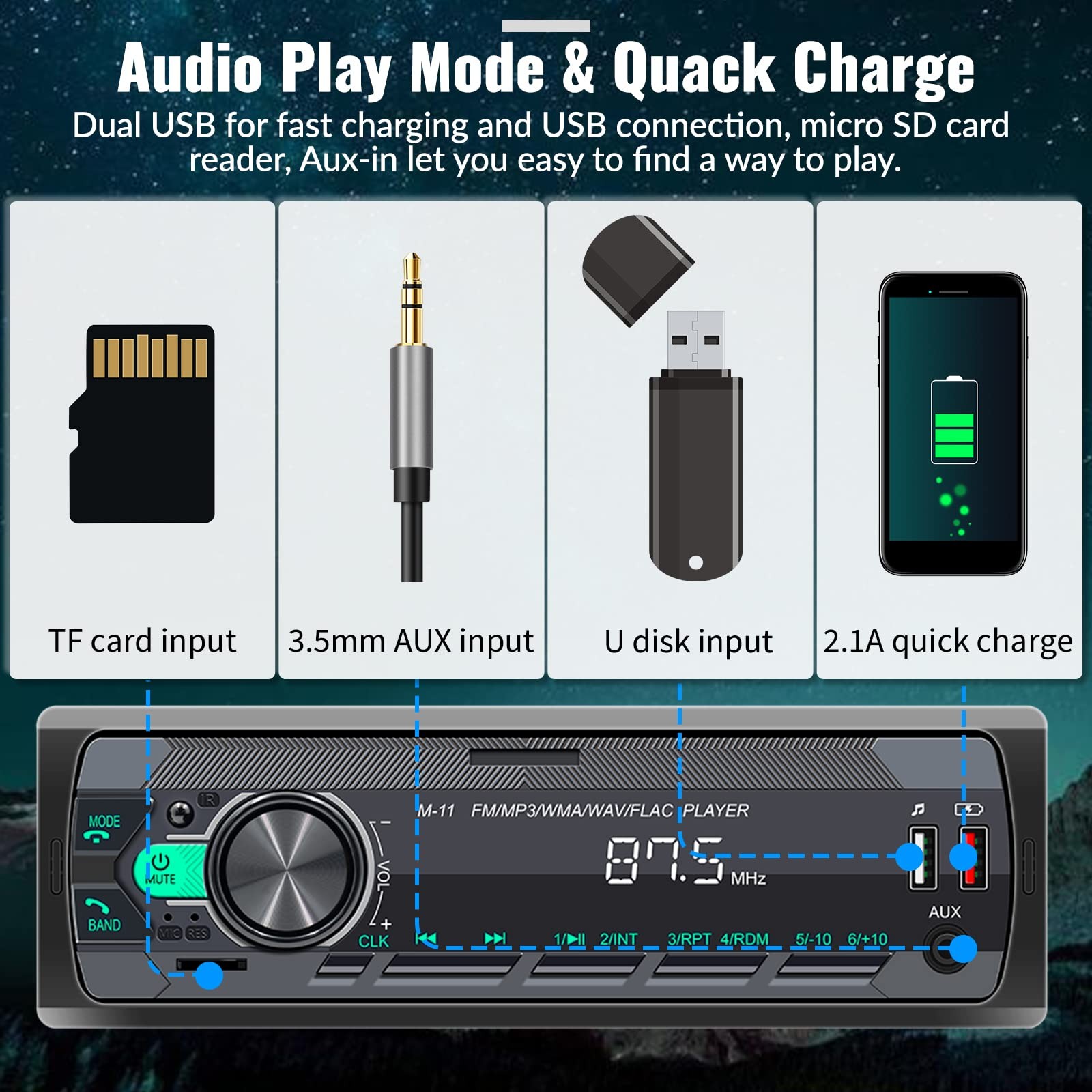 Single Din Car Stereo Bluetooth 5.0 Multimedia Audio Receiver, Push to Talk A…