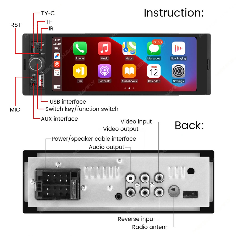 NaviFly 6.86″ 1 Din Car Stereo Wireless CarPlay Android Auto FM Radio BT
