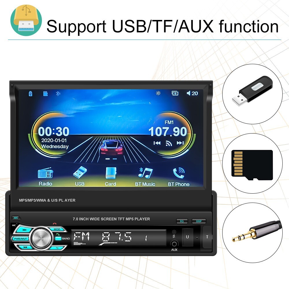 7″ Retractable Car MP5 Player with CarPlay, Android Auto 720P AHD Backup Camera