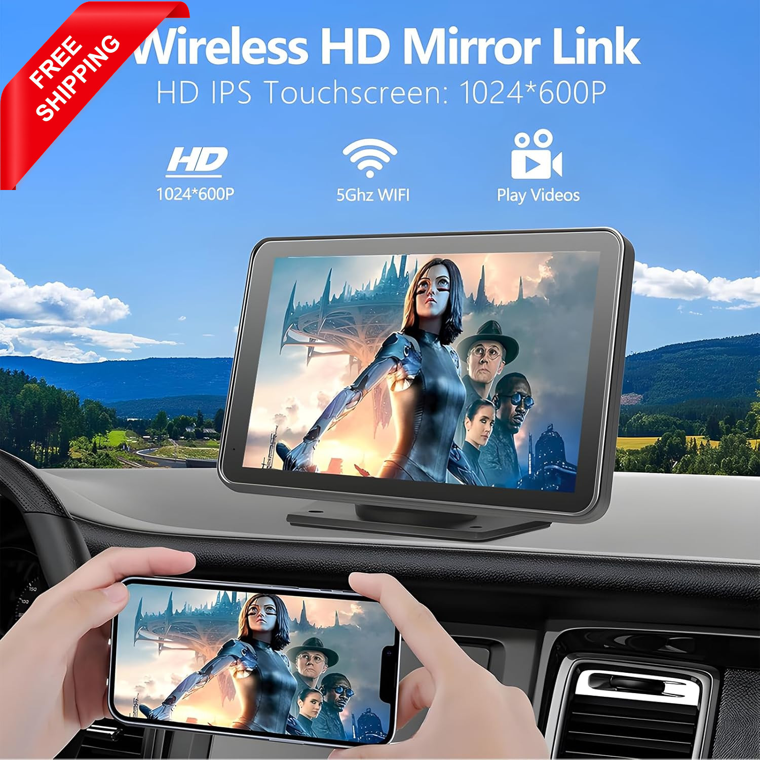 Portable Wireless Car Stereo, 7″” HD Carplay Screen for Car with Wireless Apple
