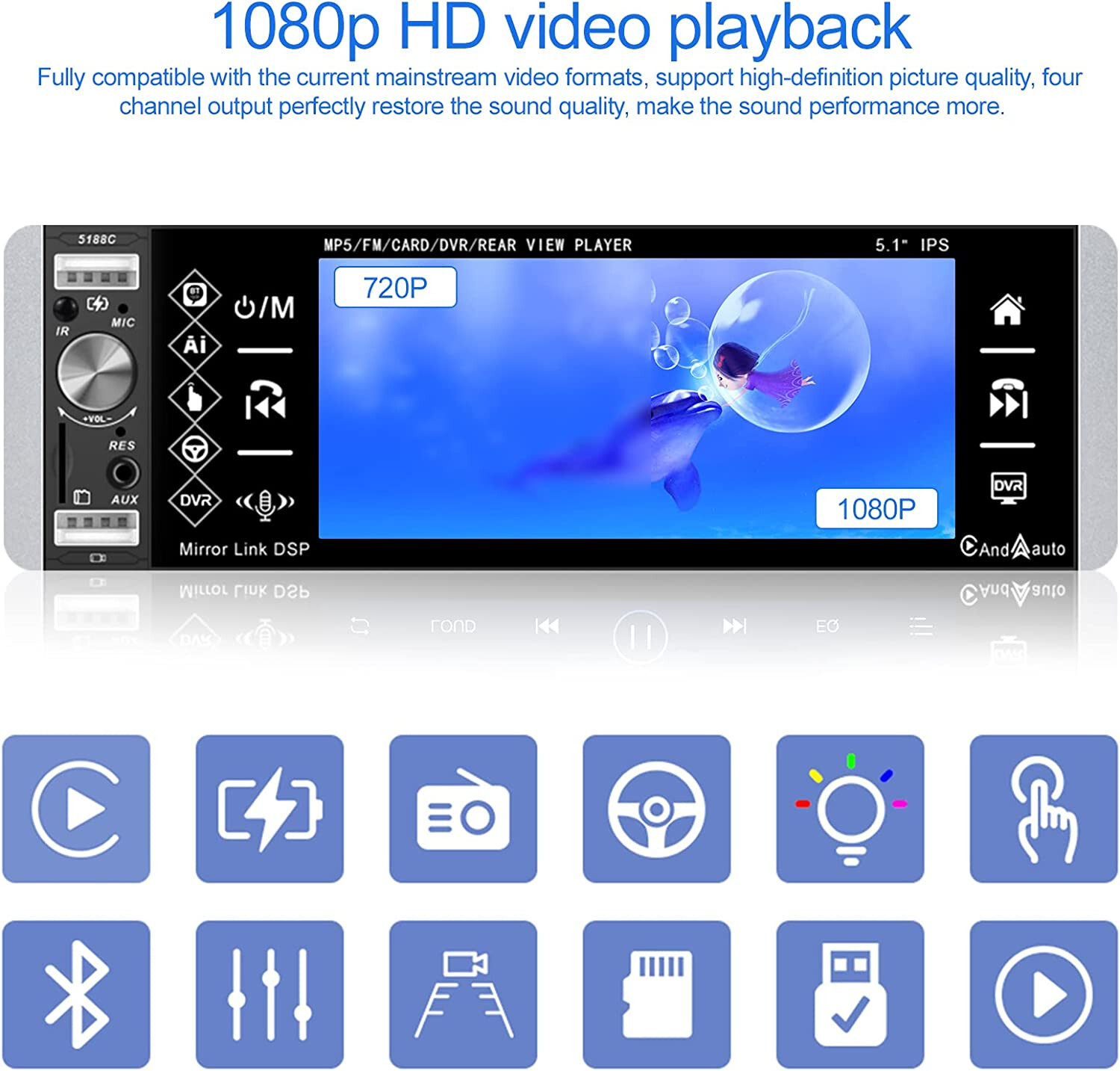 Single Din Car Stereo with Carplay Android Auto 5.1″ IPS Bluetooth Touch Screen
