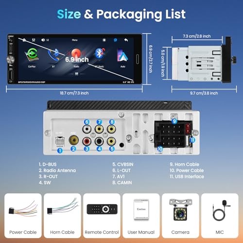 Single Din Car Stereo with Wireless CarPlay Android Auto Mirror Link, Car