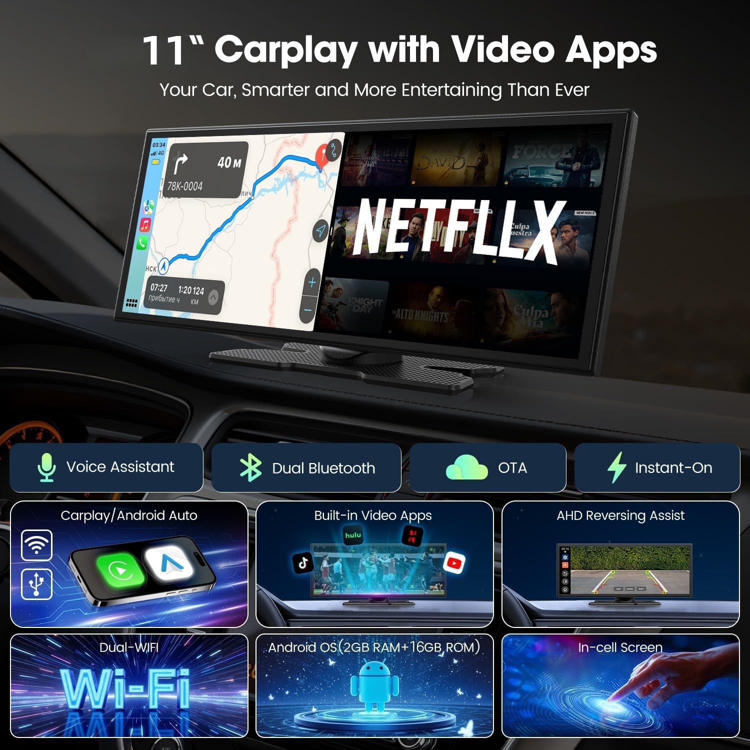 LAMTTO Upgraded 11 Wireless Carplay Screen Netflix YouTube Backup