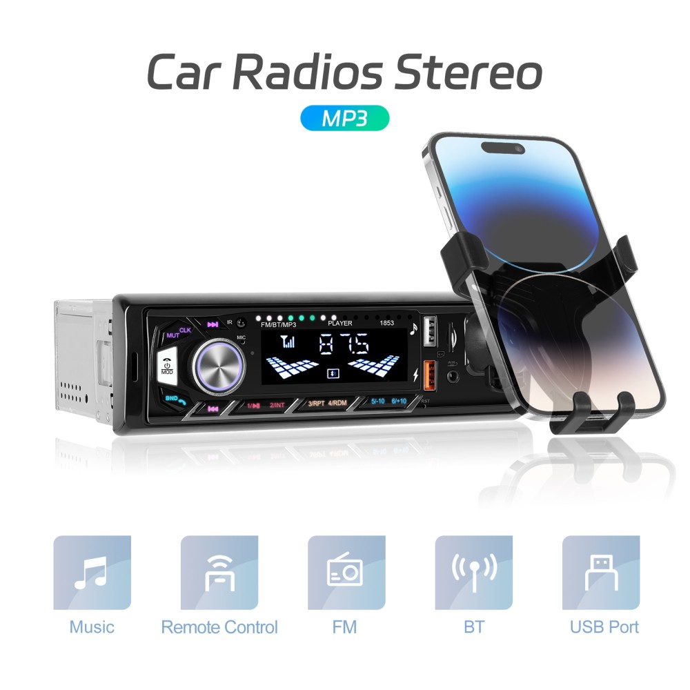 Single 1DIN Car Radio Stereo Bluetooth FM USB AUX Audio In-dash w/ Phone Holder