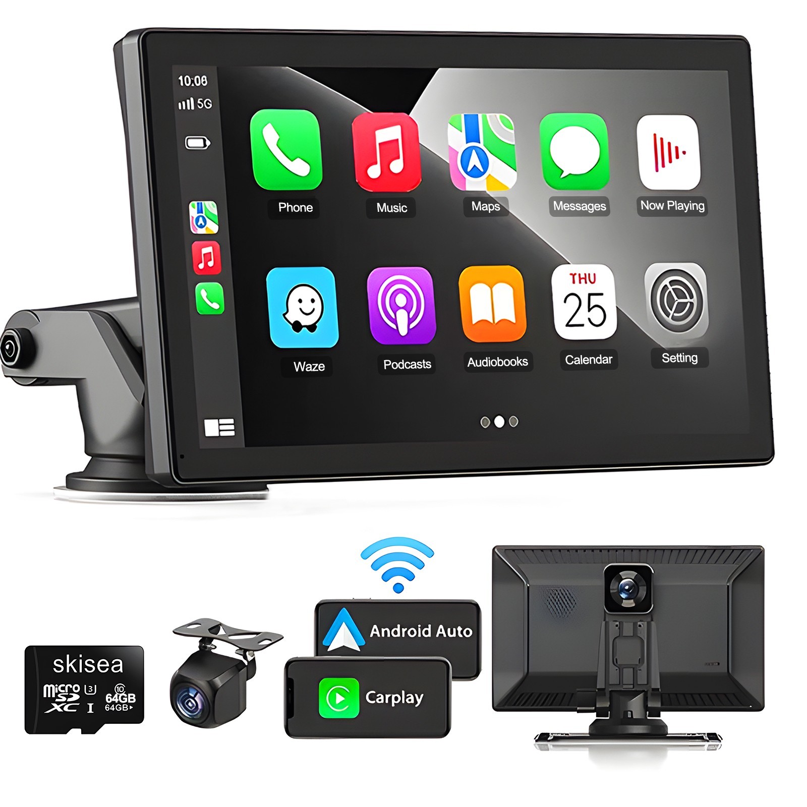 9 Inch Touch Screen Portable A-pple CarPlay & Android Auto Car Stereo + Rear Cam