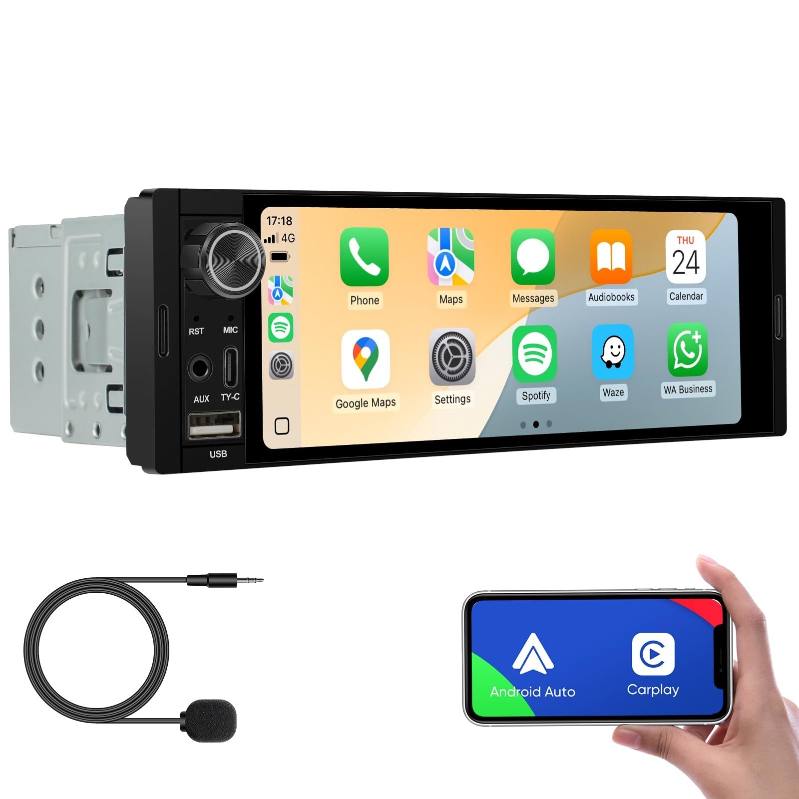 6.36″ Single Din Touchscreen Car Stereo – Wireless Carplay, Android Auto, GPS, B