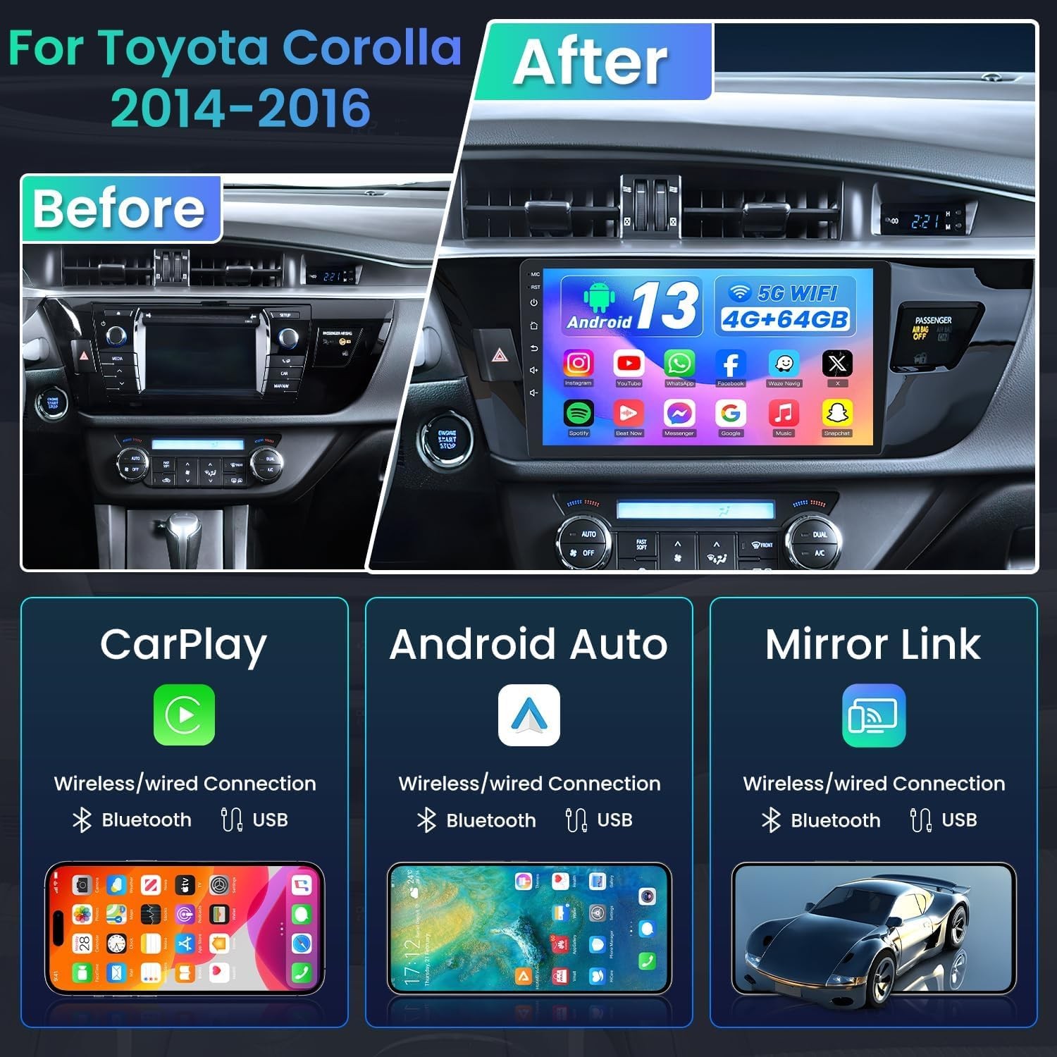 4+64G Car Stereo for Toyota Corolla 2014-17 Radio Carplay Android Auto 1280*800