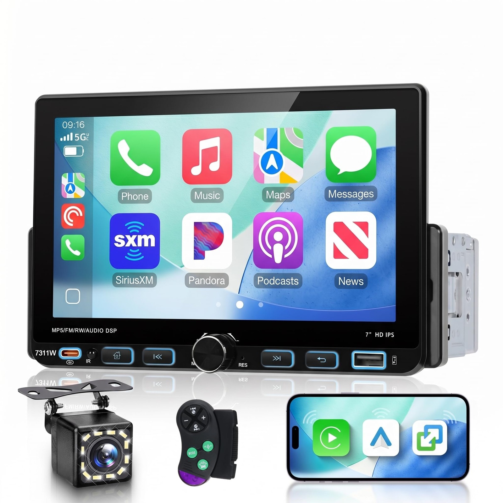 Single DIN Car Stereo with Wireless CarPlay & Android Auto, 7-Inch Touchscree…