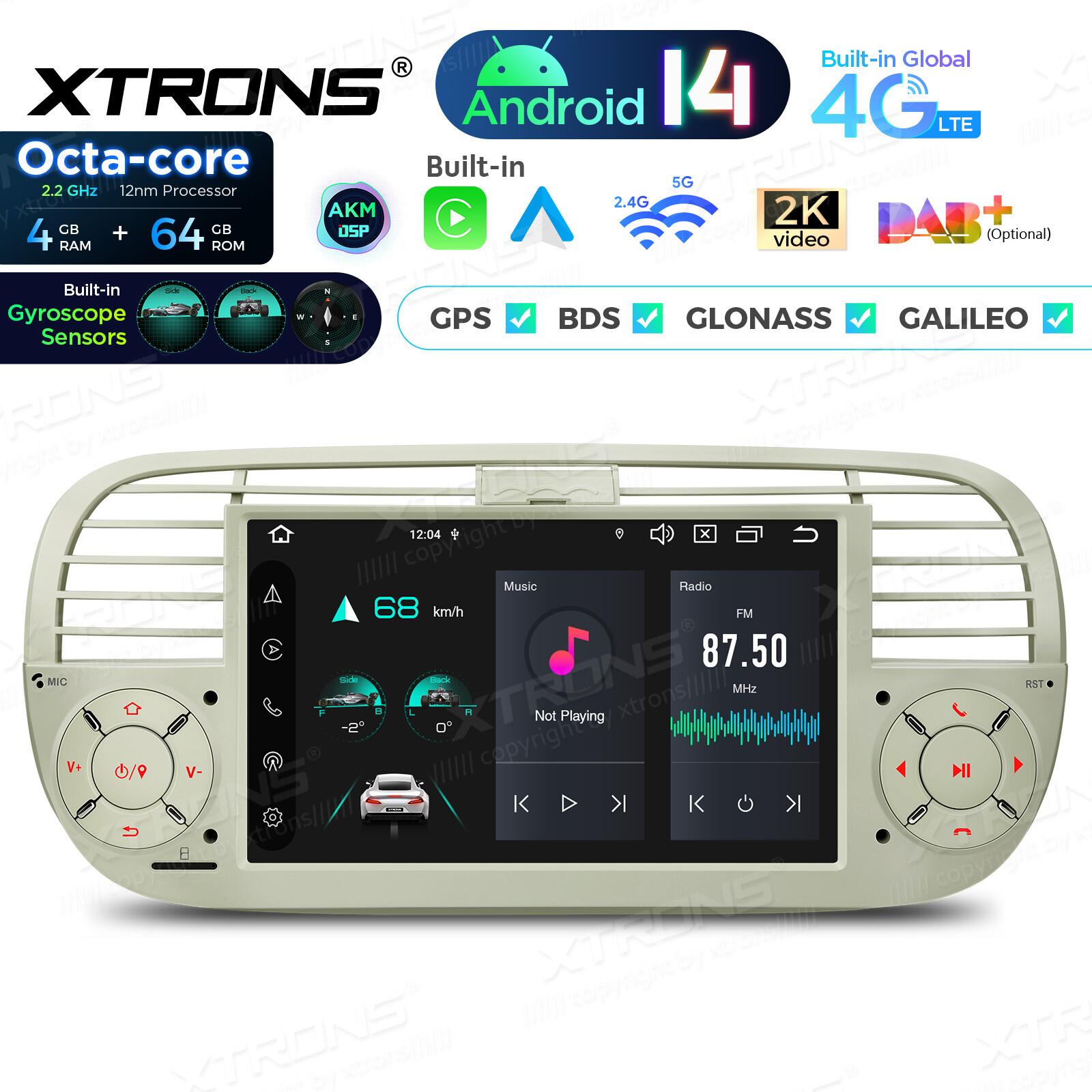 7″ Android 13 8Core Car Play GPS Sat Nav Stereo Radio for Fiat 500 2007-15 Beige