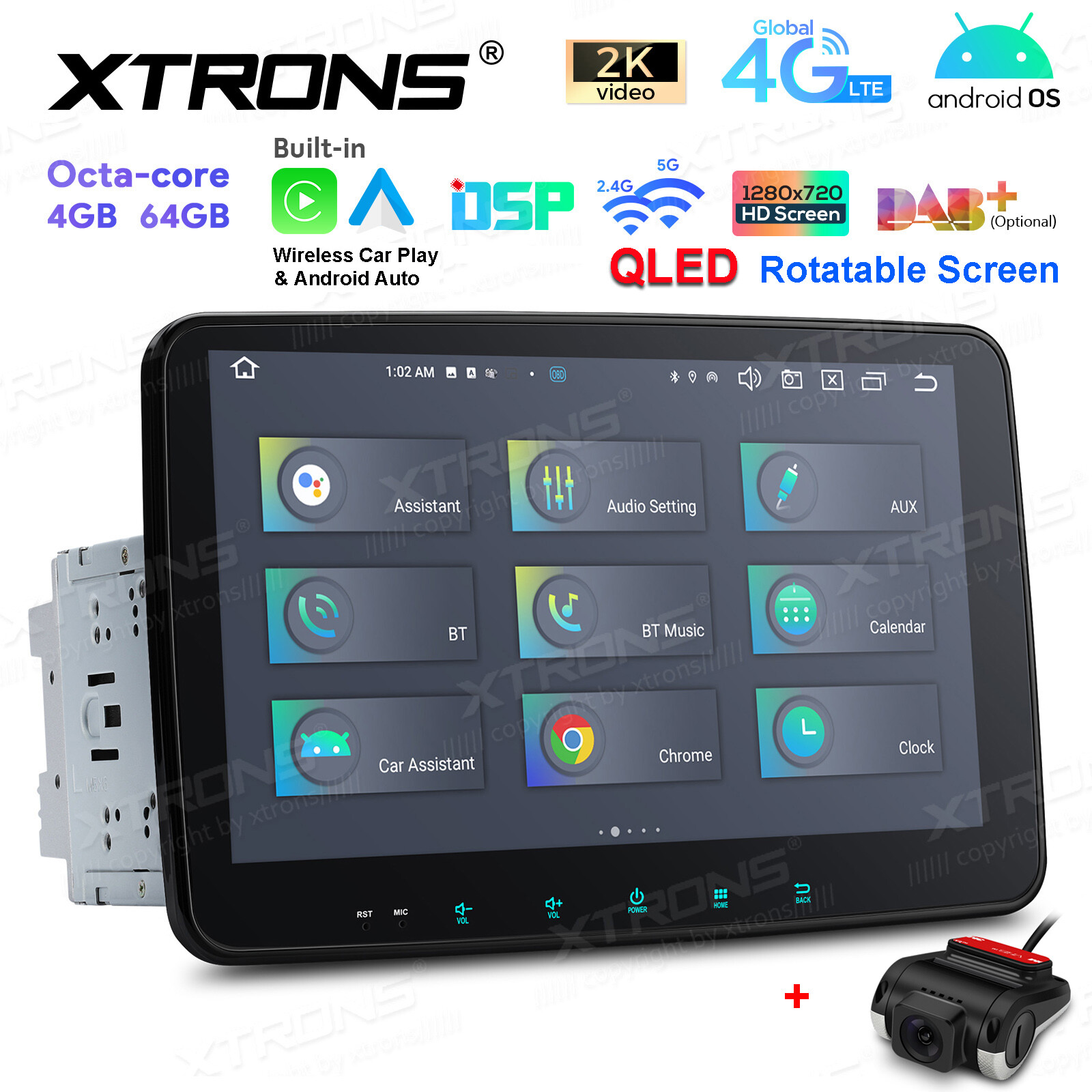 10.1″ Rotatable Double Din Car Stereo GPS Radio Android 13 8Core 4+64GB Car Play
